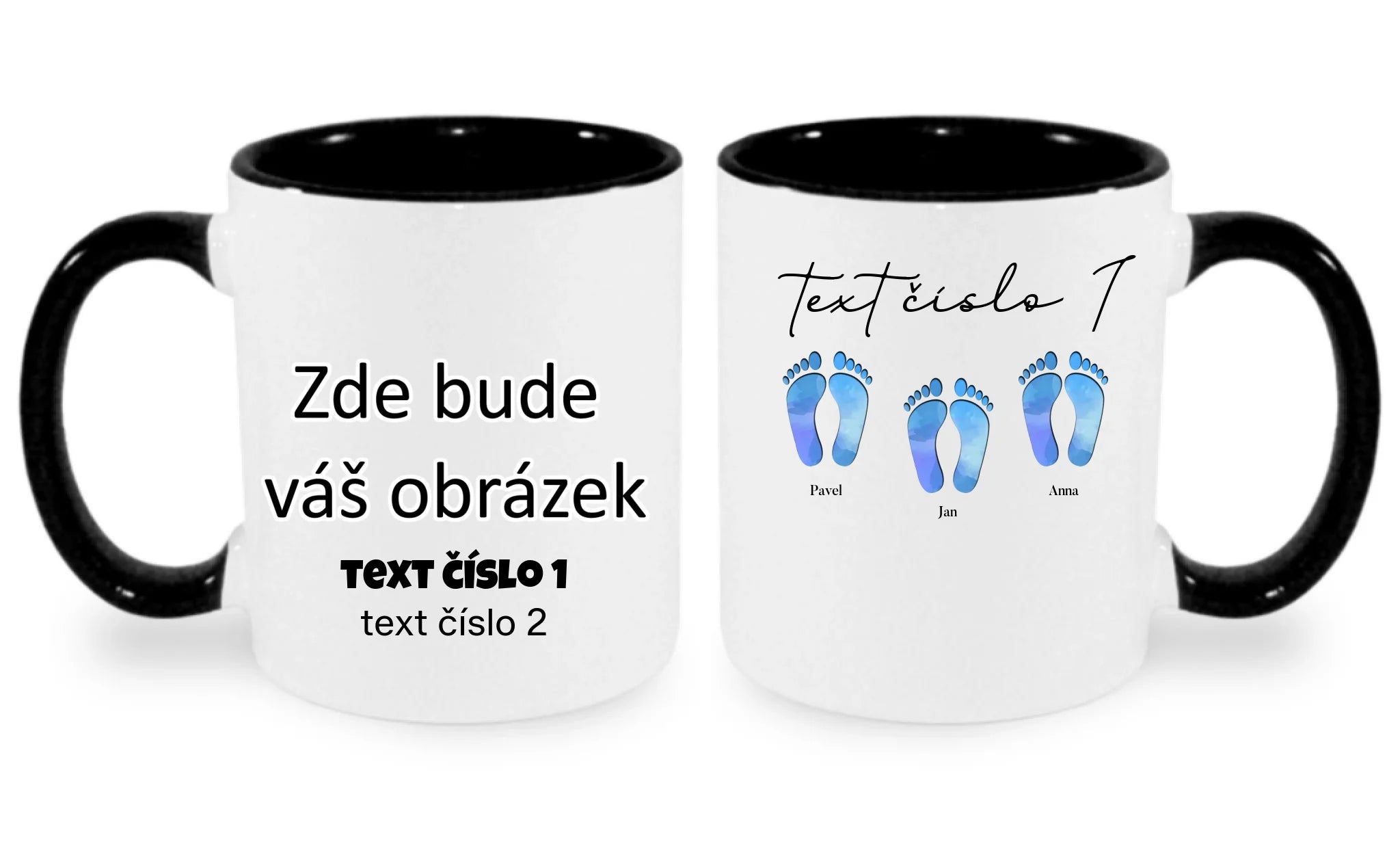 HRNÍČEK s motivem NAŠE STOPY (vložíte jména) oboustranný potisk hrníček Bílá černá 330 ml