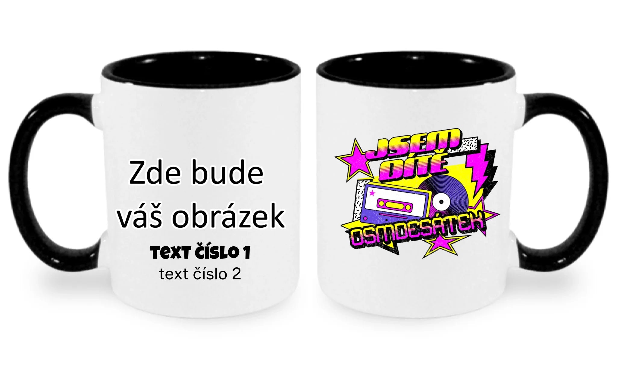 HRNÍČEK s motivem NAROZENINY DÍTĚ OSMDESÁTEK (výběr ze 3 potisků) oboustranný potisk hrníček Bílá černá 330 ml