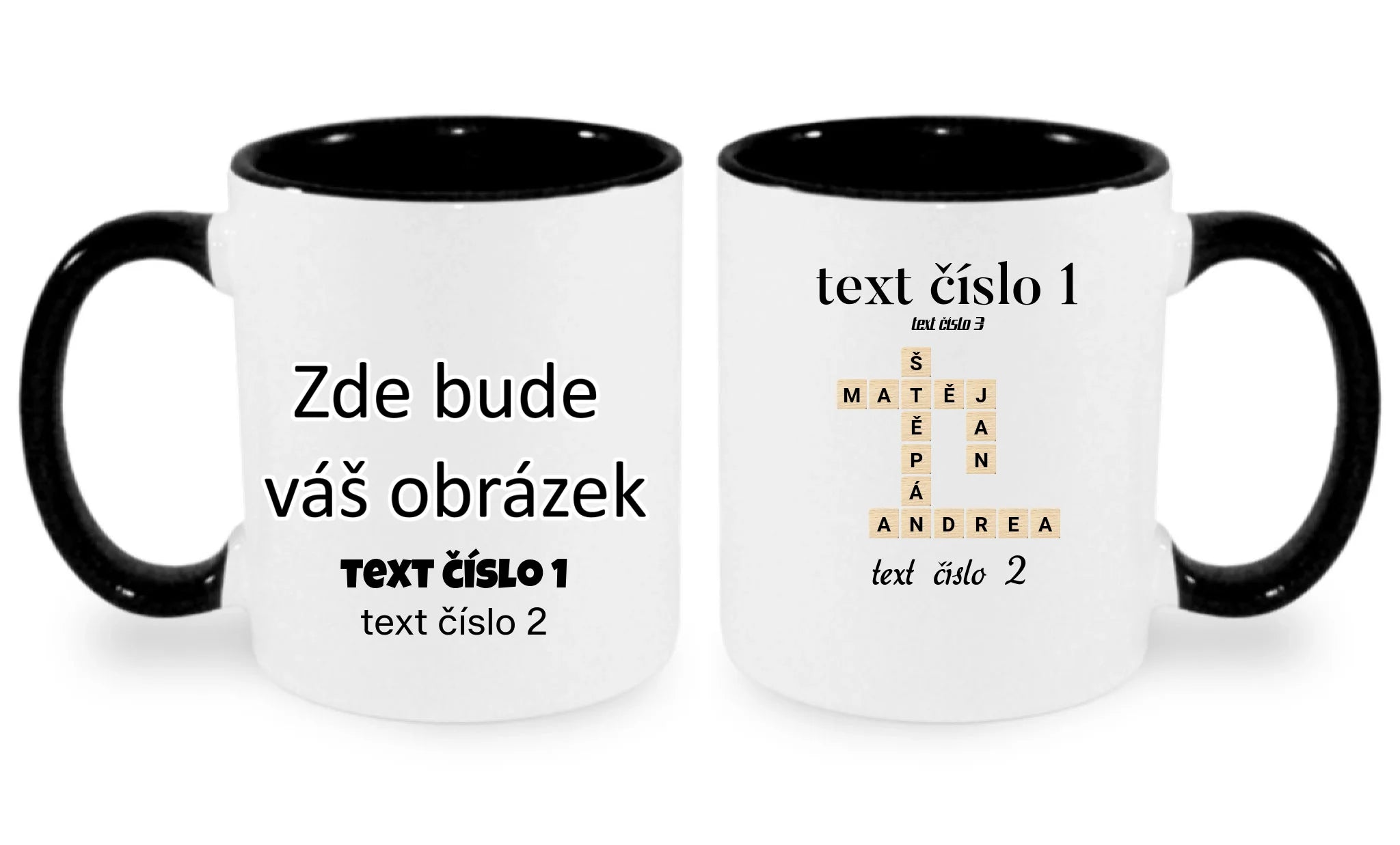 HRNÍČEK s motivem SCRABLE (vložíte jména, doplníte texty) oboustranný potisk hrníček Bílá černá 330 ml