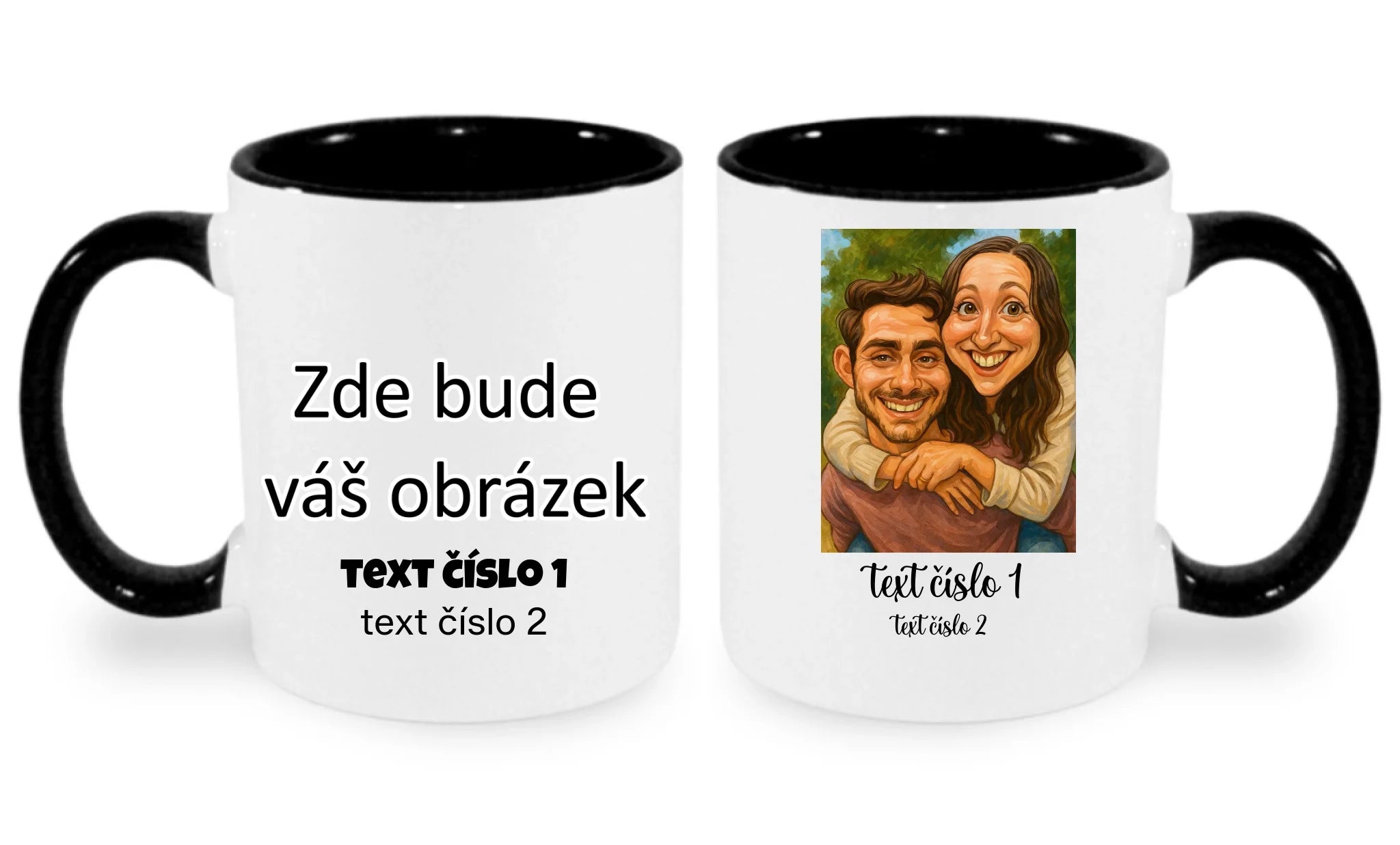 HRNÍČEK s motivem KARIKATURA (vložíte fotku, doplníte texty) oboustranný potisk hrníček Bílá černá 330 ml