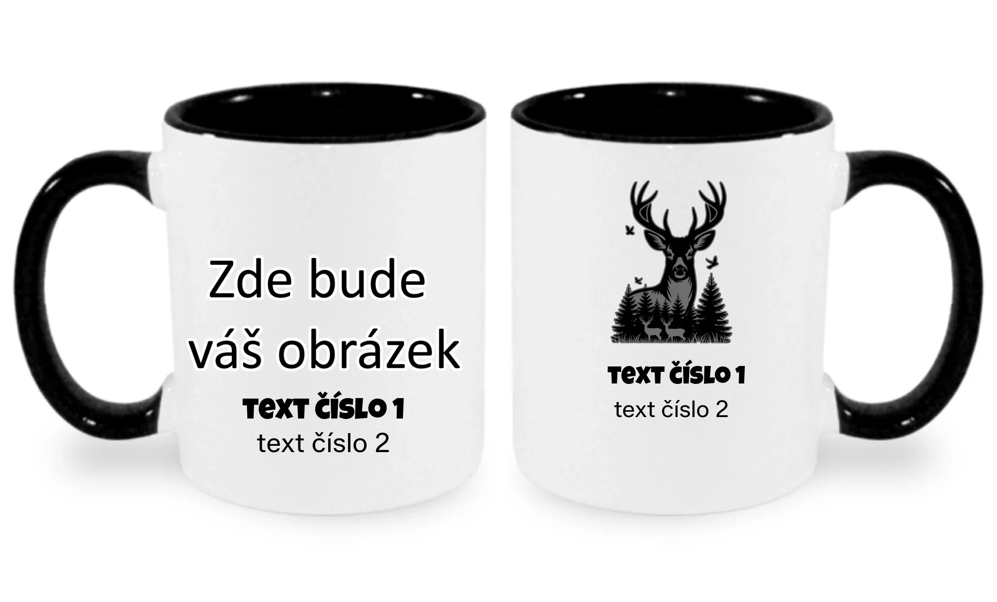 HRNÍČEK s motivem MYSLIVOST (výběr z 10+ obrázků, možnost doplnit vlastní texty) oboustranný potisk hrníček Bílá černá 330 ml