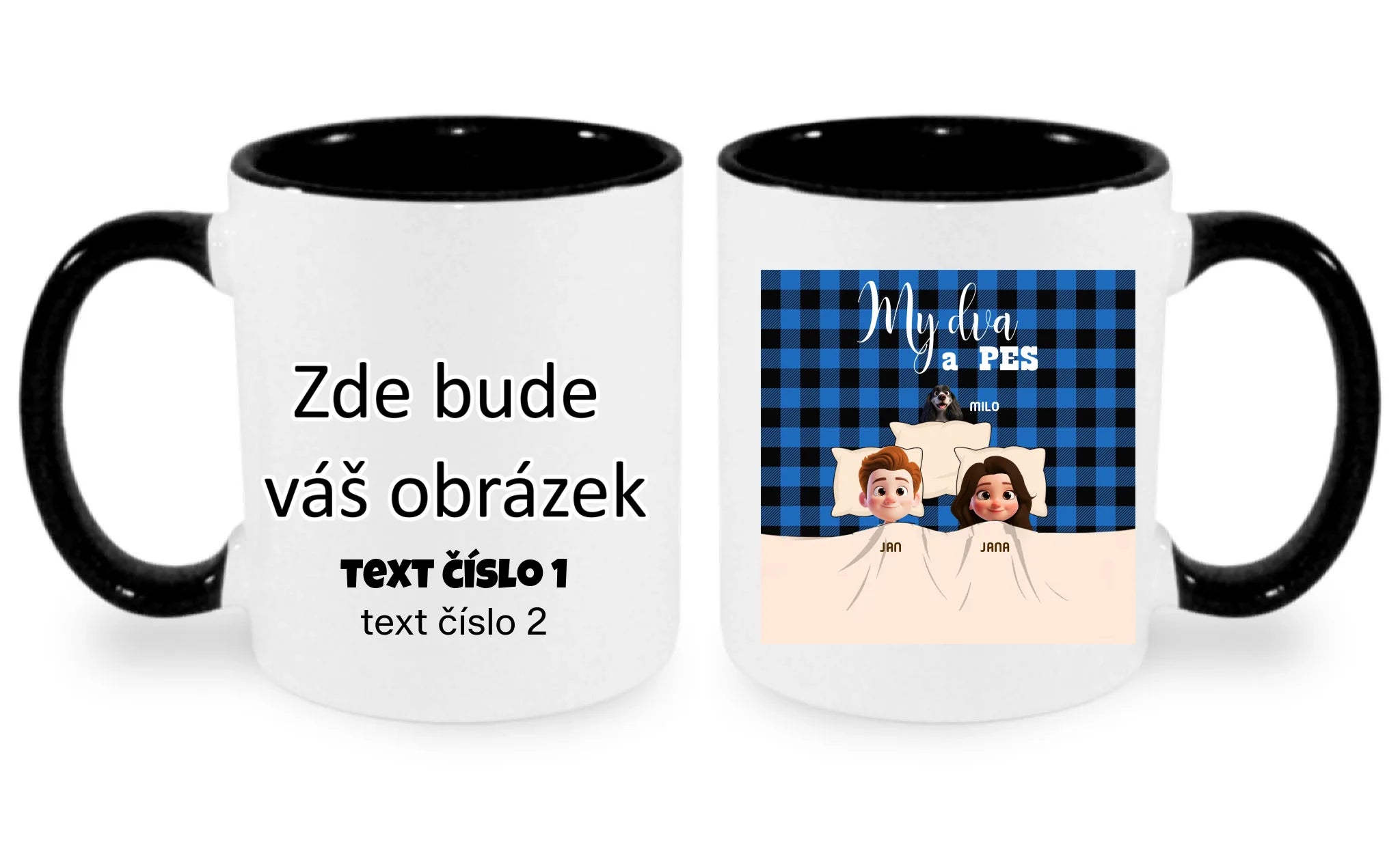 HRNÍČEK s potiskem MY DVA A PES (přizpůsobte si motiv na míru) oboustranný potisk hrníček Bílá černá 330 ml