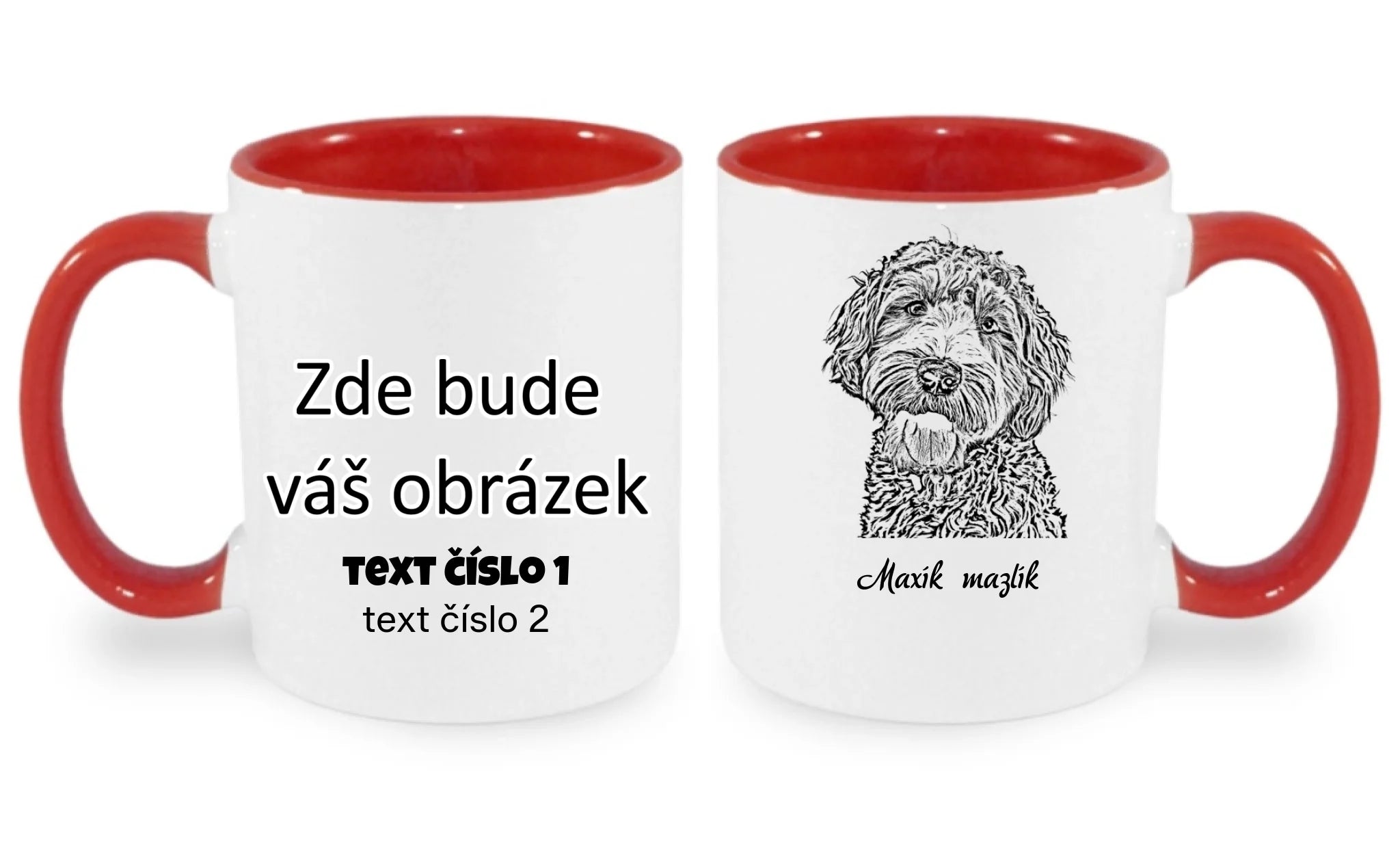 HRNÍČEK s potiskem KRESBA ZVÍŘÁTKA (vložíte fotku a necháte upravit) oboustranný potisk hrníček Bílá červená 330 ml
