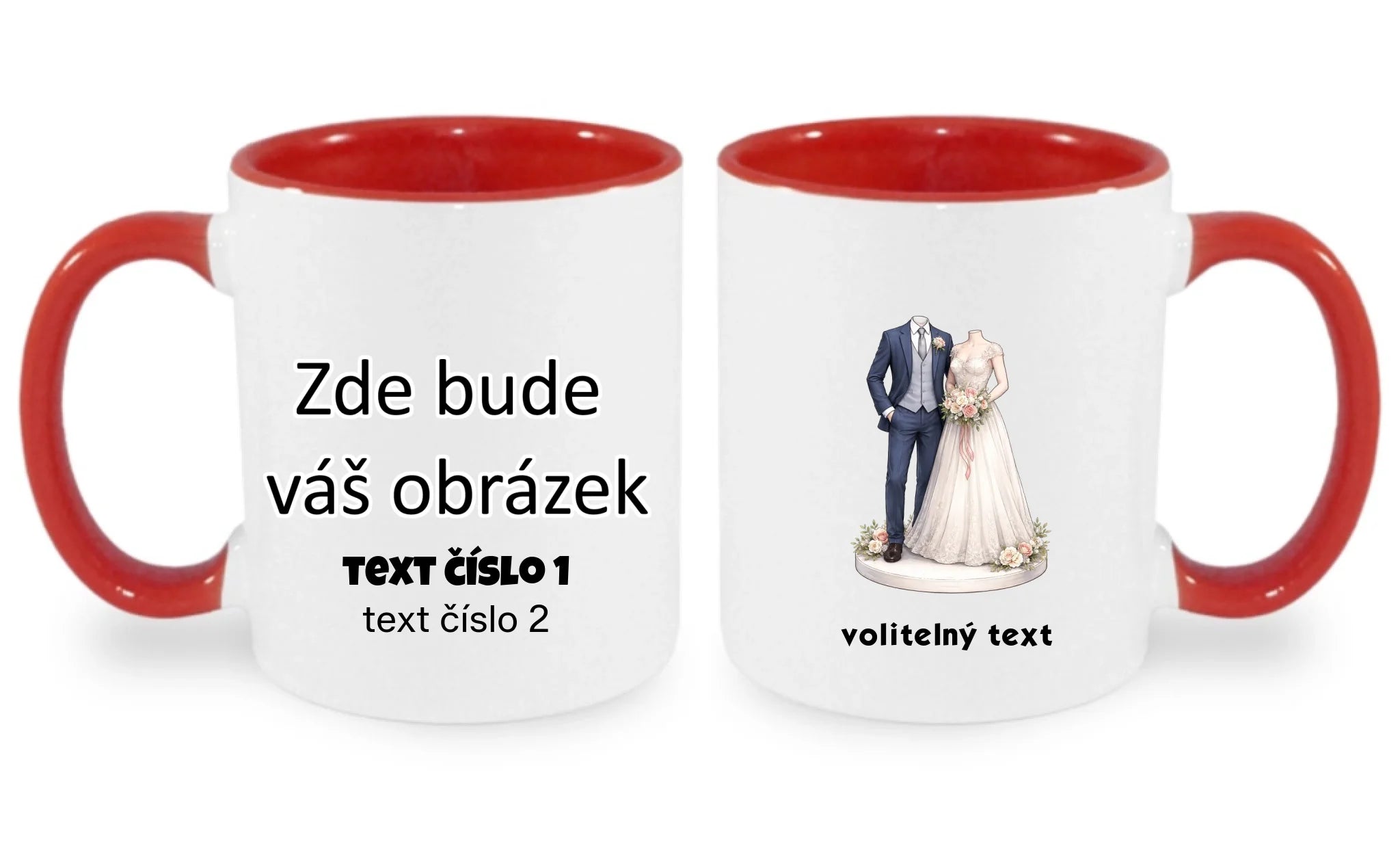 HRNÍČEK s motivem NOVOMANŽELÉ (vložíte foto) oboustranný potisk hrníček Bílá červená 330 ml