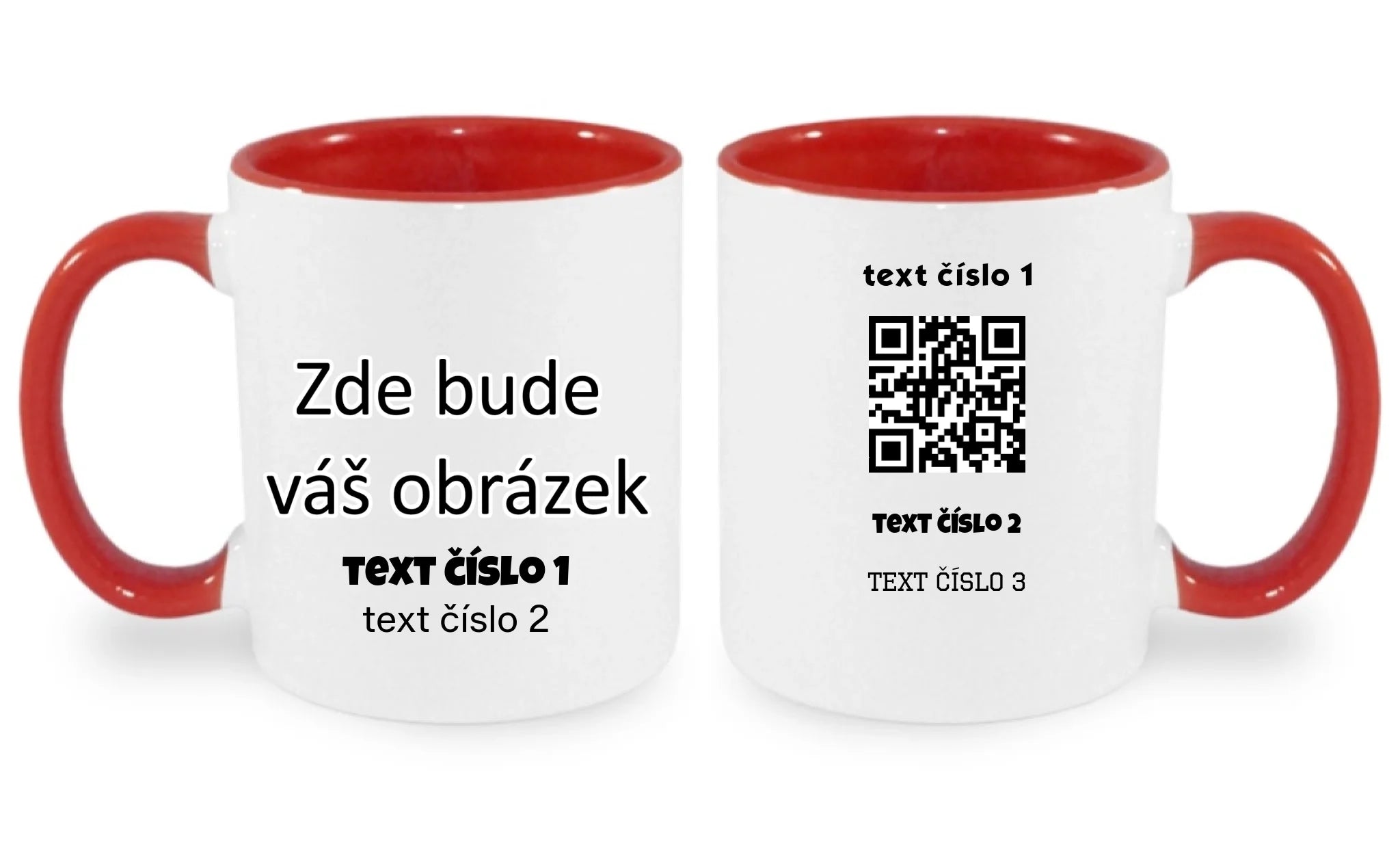 HRNÍČEK s motivem QR KÓD (vložíte url adresu, můžete vložit vlastní texty) oboustranný potisk hrníček Bílá červená 330 ml