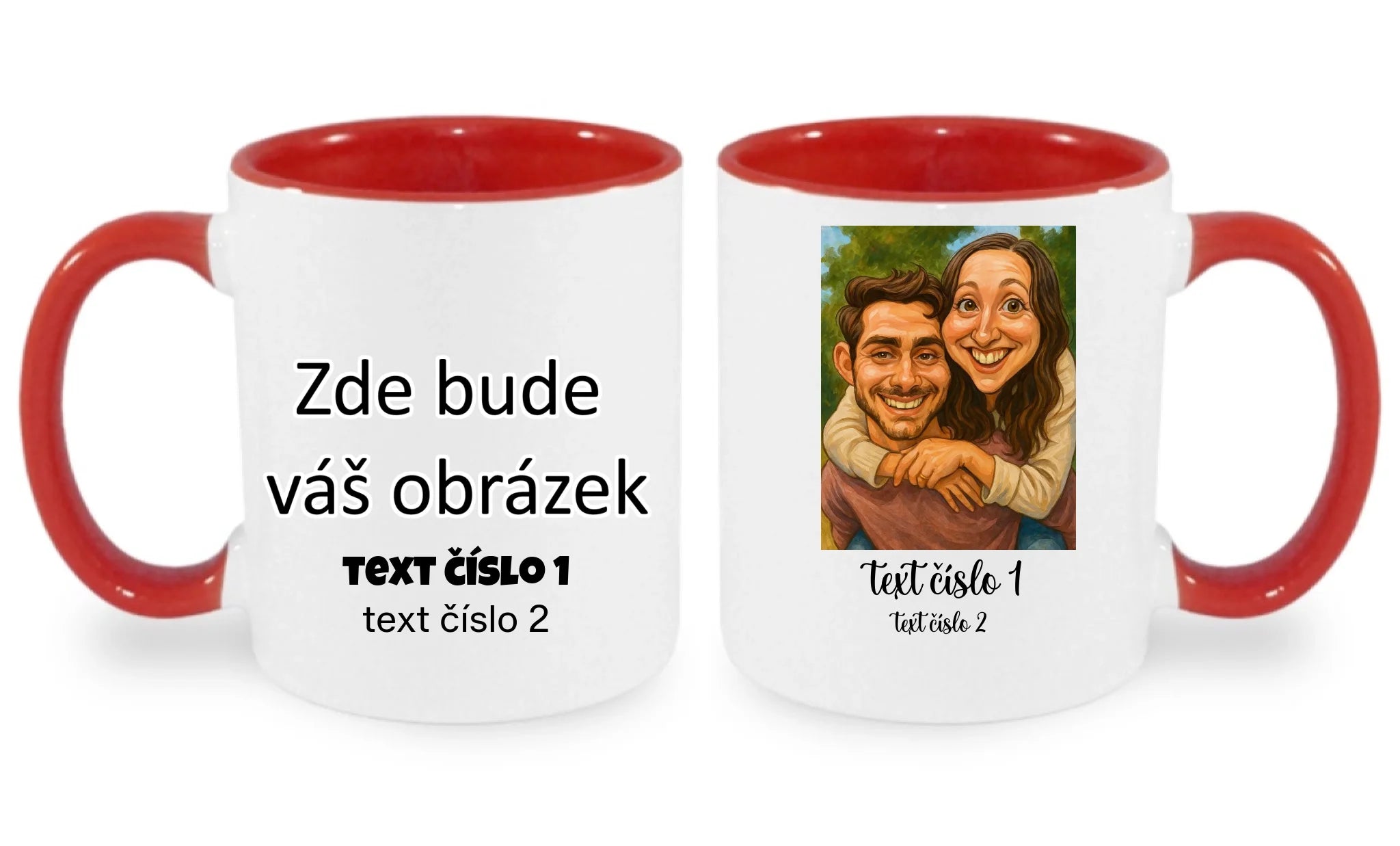 HRNÍČEK s motivem KARIKATURA (vložíte fotku, doplníte texty) oboustranný potisk hrníček Bílá červená 330 ml