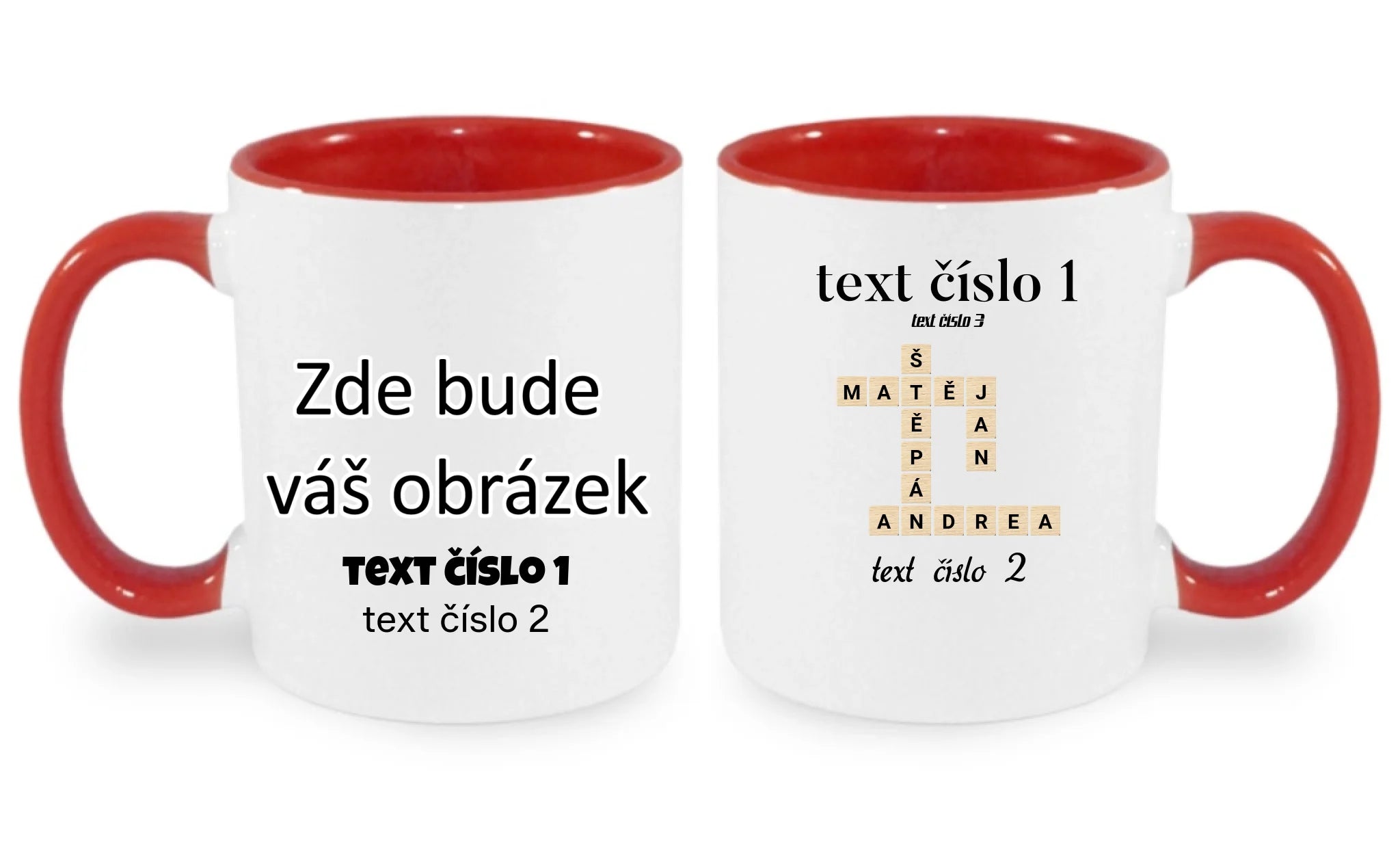 HRNÍČEK s motivem SCRABLE (vložíte jména, doplníte texty) oboustranný potisk hrníček Bílá červená 330 ml