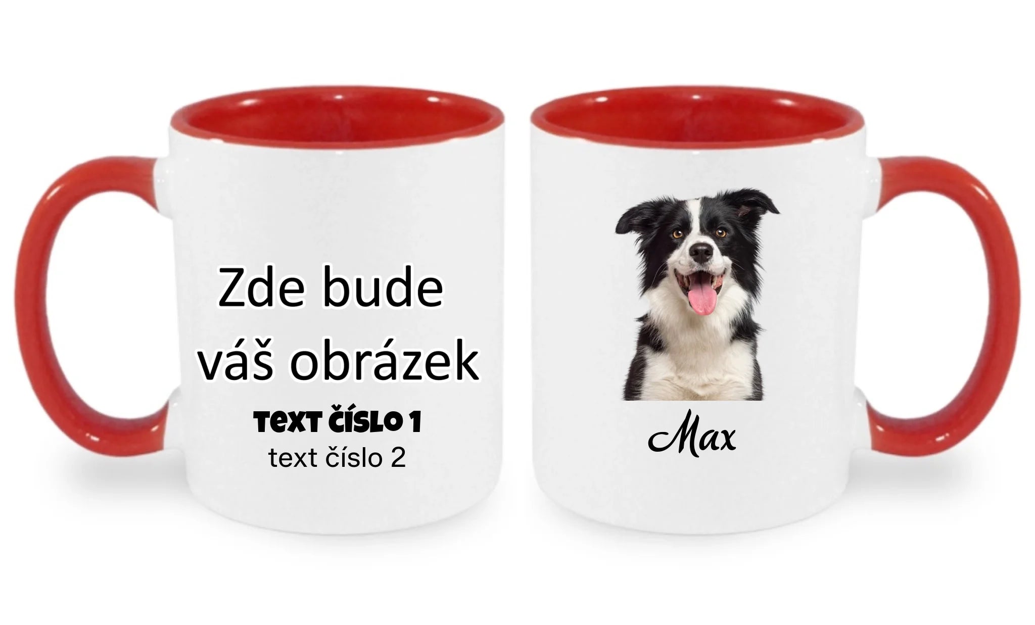 HRNÍČEK s potiskem PORTRÉT ZVÍŘETE (vložíte fotku, odstraní se pozadí, doplníte jméno) oboustranný potisk hrníček Bílá červená 330 ml