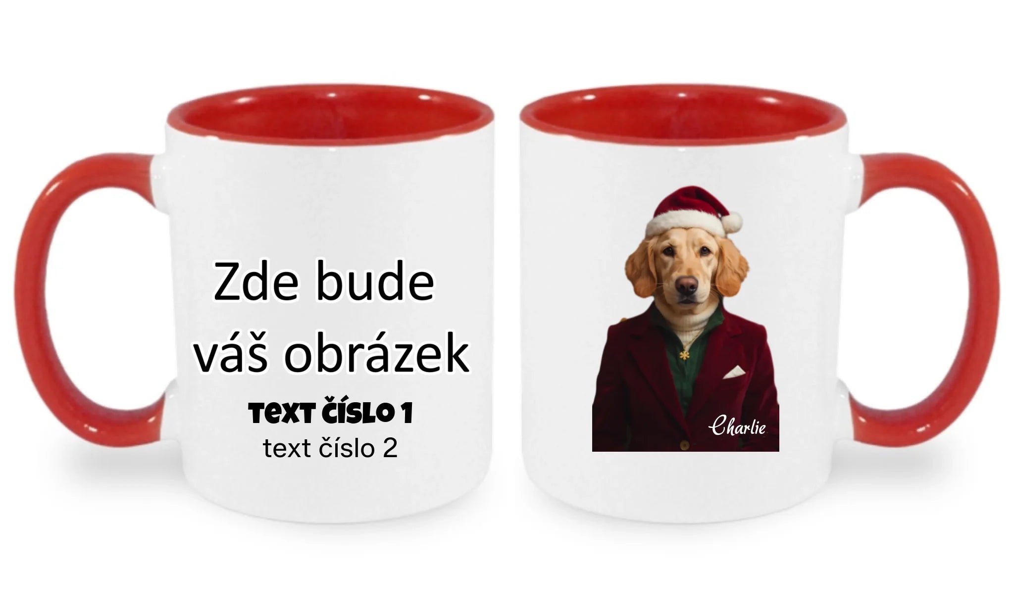 HRNÍČEK s potiskem ZVÍŘECÍ GLAMOUR PROMĚNA AI (vložíte foto, doplníte jméno) oboustranný potisk hrníček Bílá červená 330 ml