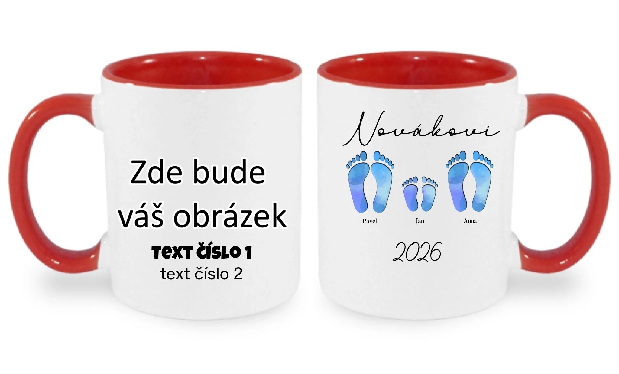 HRNÍČEK s motivem RODINA NAŠE STOPY (doplníte jména a další texty) oboustranný potisk hrníček Bílá červená 330 ml