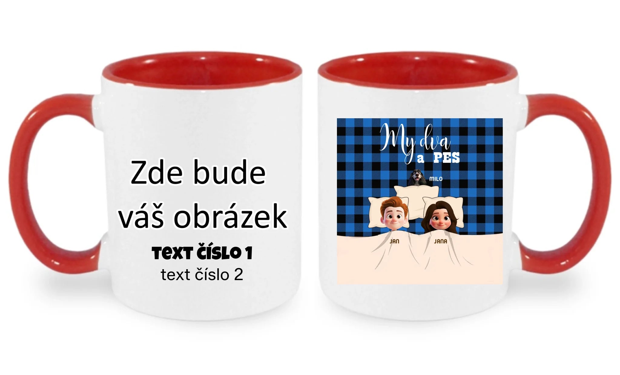 HRNÍČEK s potiskem MY DVA A PES (přizpůsobte si motiv na míru) oboustranný potisk hrníček Bílá červená 330 ml
