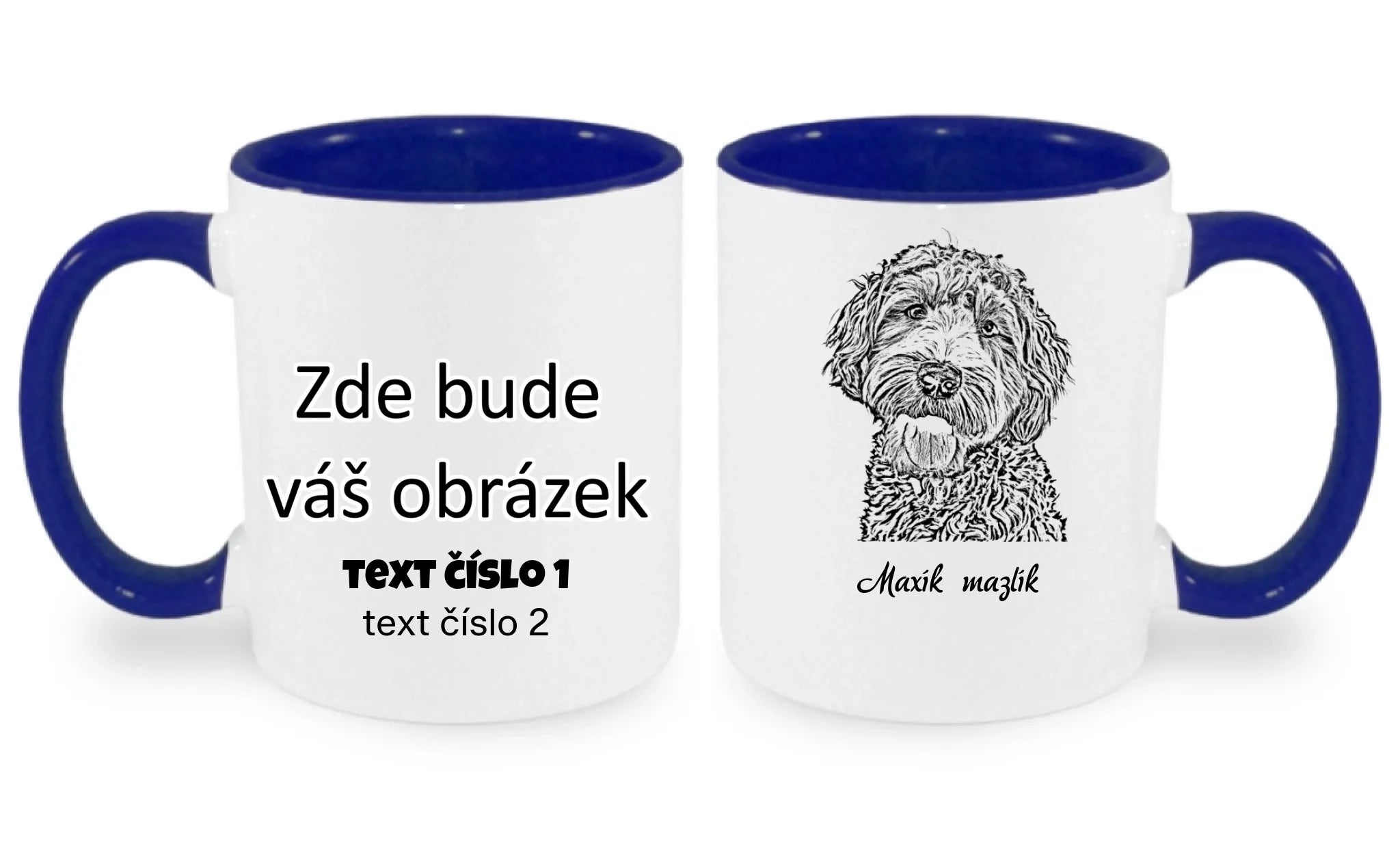 HRNÍČEK s potiskem KRESBA ZVÍŘÁTKA (vložíte fotku a necháte upravit) oboustranný potisk hrníček Bílá modrá 330 ml
