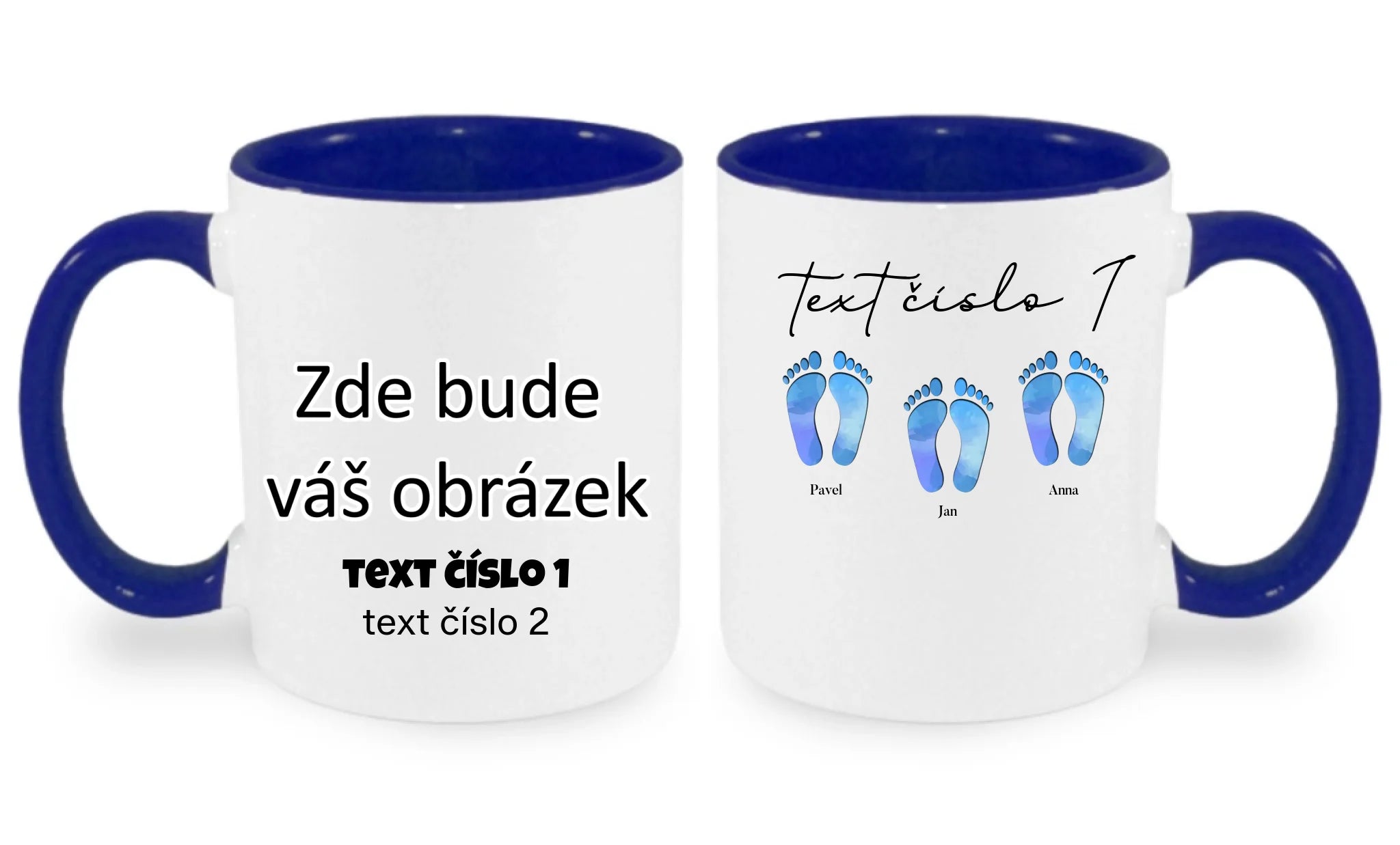 HRNÍČEK s motivem NAŠE STOPY (vložíte jména) oboustranný potisk hrníček Bílá modrá 330 ml