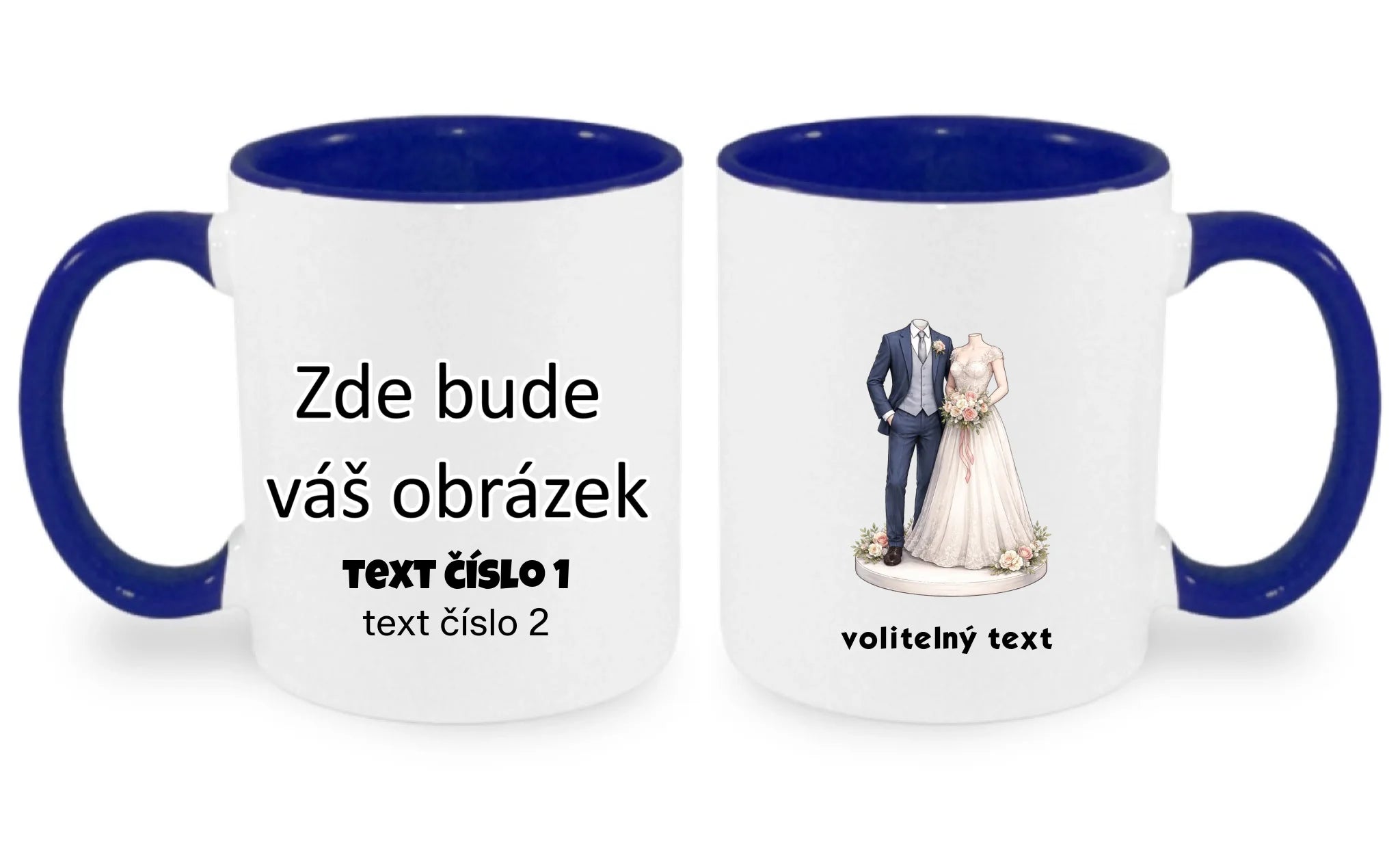 HRNÍČEK s motivem NOVOMANŽELÉ (vložíte foto) oboustranný potisk hrníček Bílá modrá 330 ml