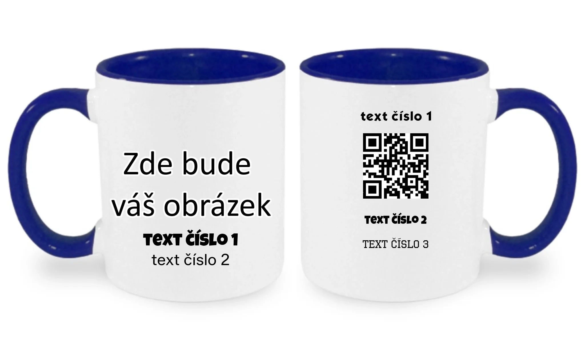 HRNÍČEK s motivem QR KÓD (vložíte url adresu, můžete vložit vlastní texty) oboustranný potisk hrníček Bílá modrá 330 ml
