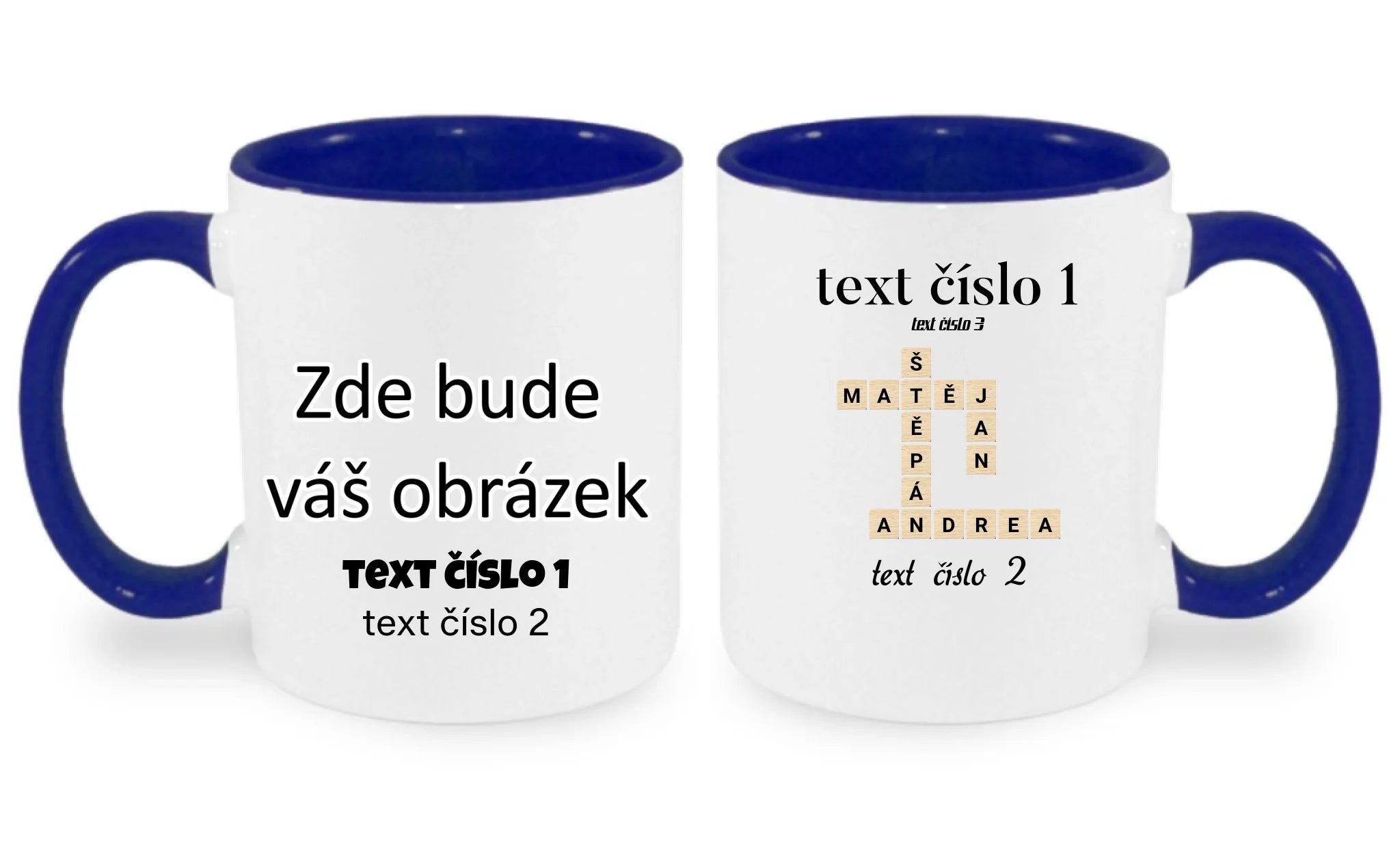 HRNÍČEK s motivem SCRABLE (vložíte jména, doplníte texty) oboustranný potisk hrníček Bílá modrá 330 ml