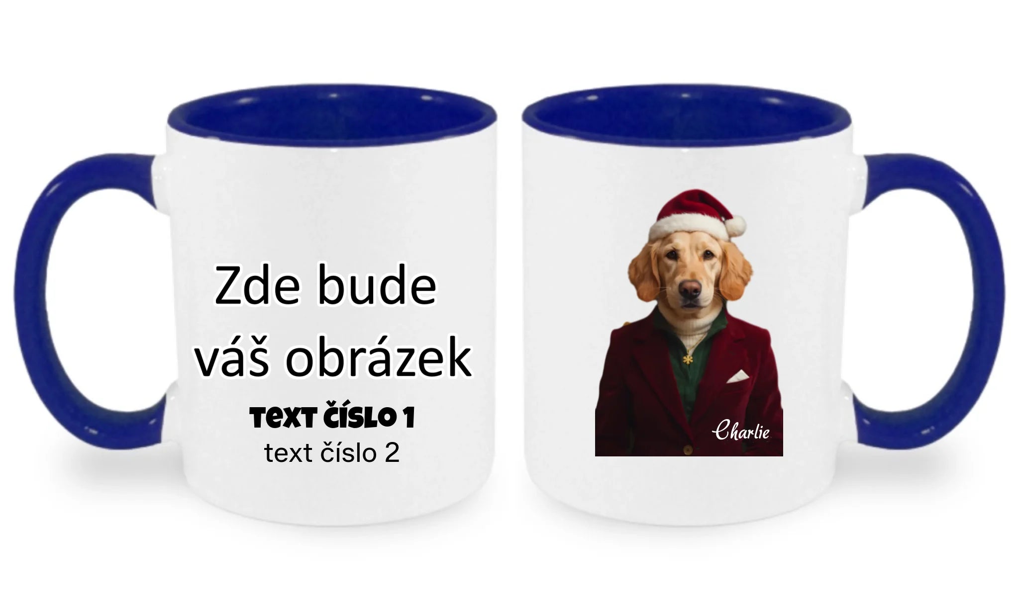 HRNÍČEK s potiskem ZVÍŘECÍ GLAMOUR PROMĚNA AI (vložíte foto, doplníte jméno) oboustranný potisk hrníček Bílá modrá 330 ml