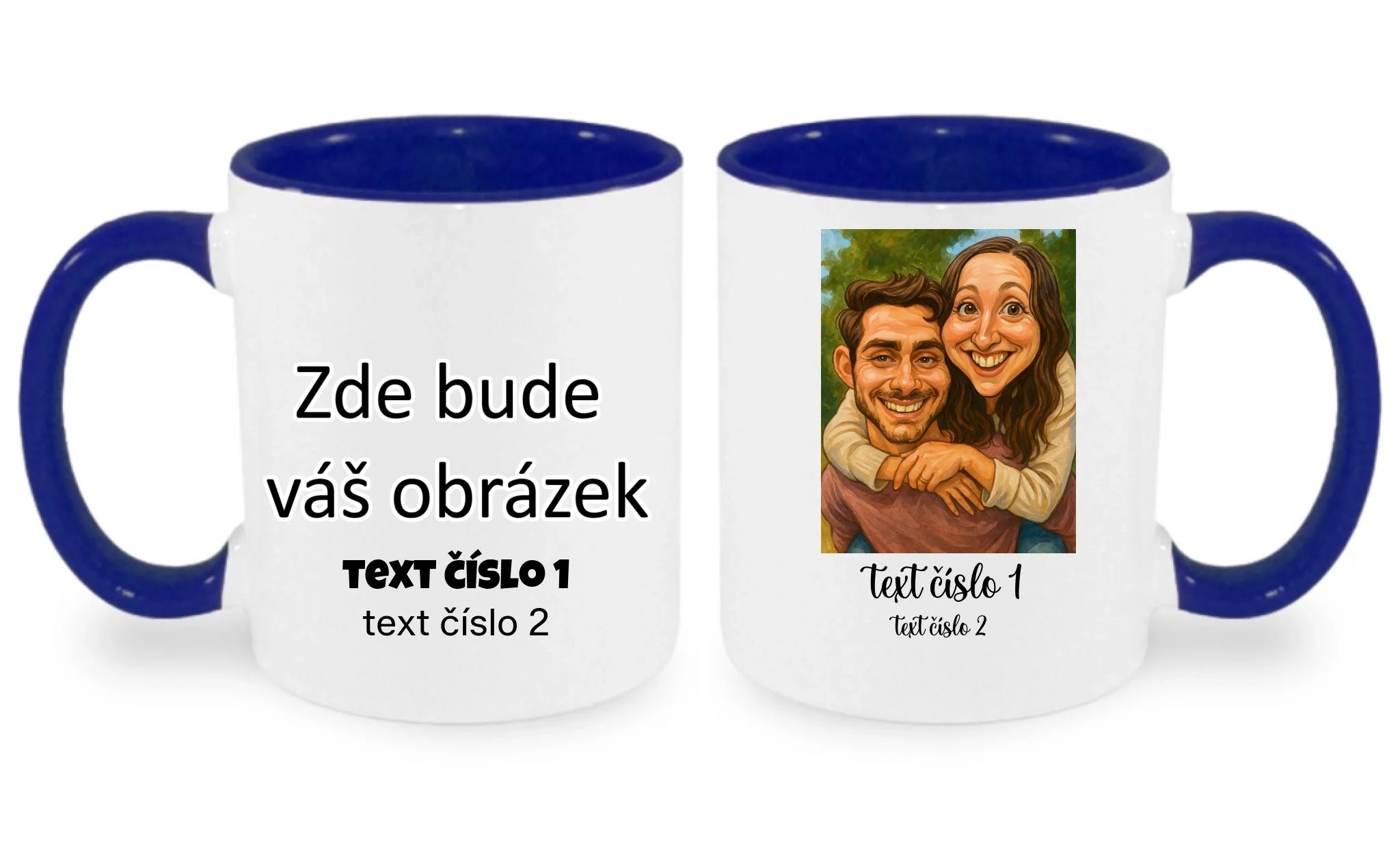 HRNÍČEK s motivem KARIKATURA (vložíte fotku, doplníte texty) oboustranný potisk hrníček Bílá modrá 330 ml