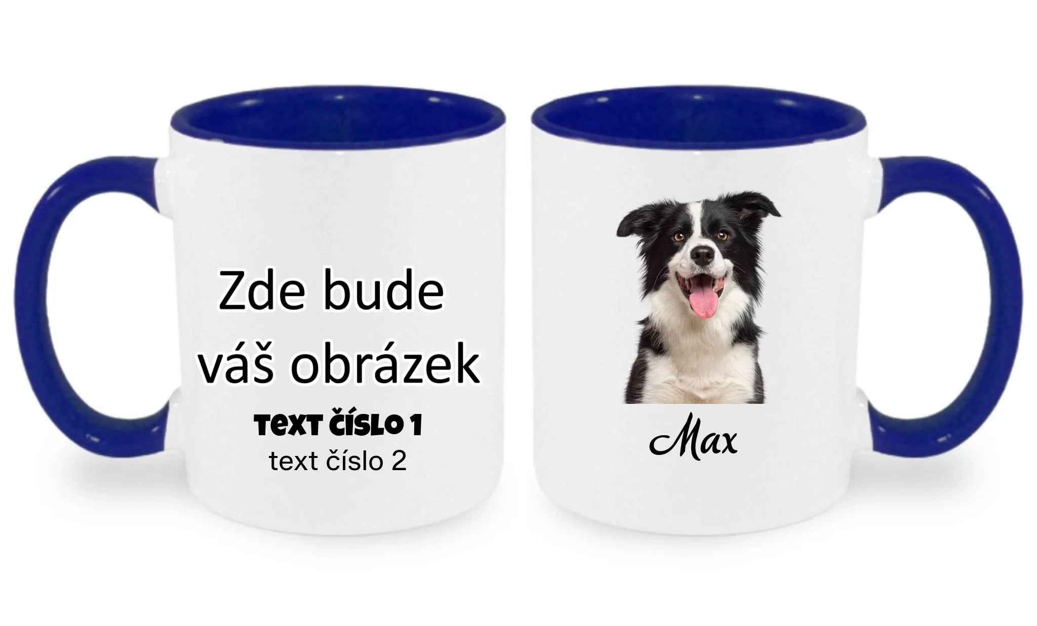 HRNÍČEK s potiskem PORTRÉT ZVÍŘETE (vložíte fotku, odstraní se pozadí, doplníte jméno) oboustranný potisk hrníček Bílá modrá 330 ml