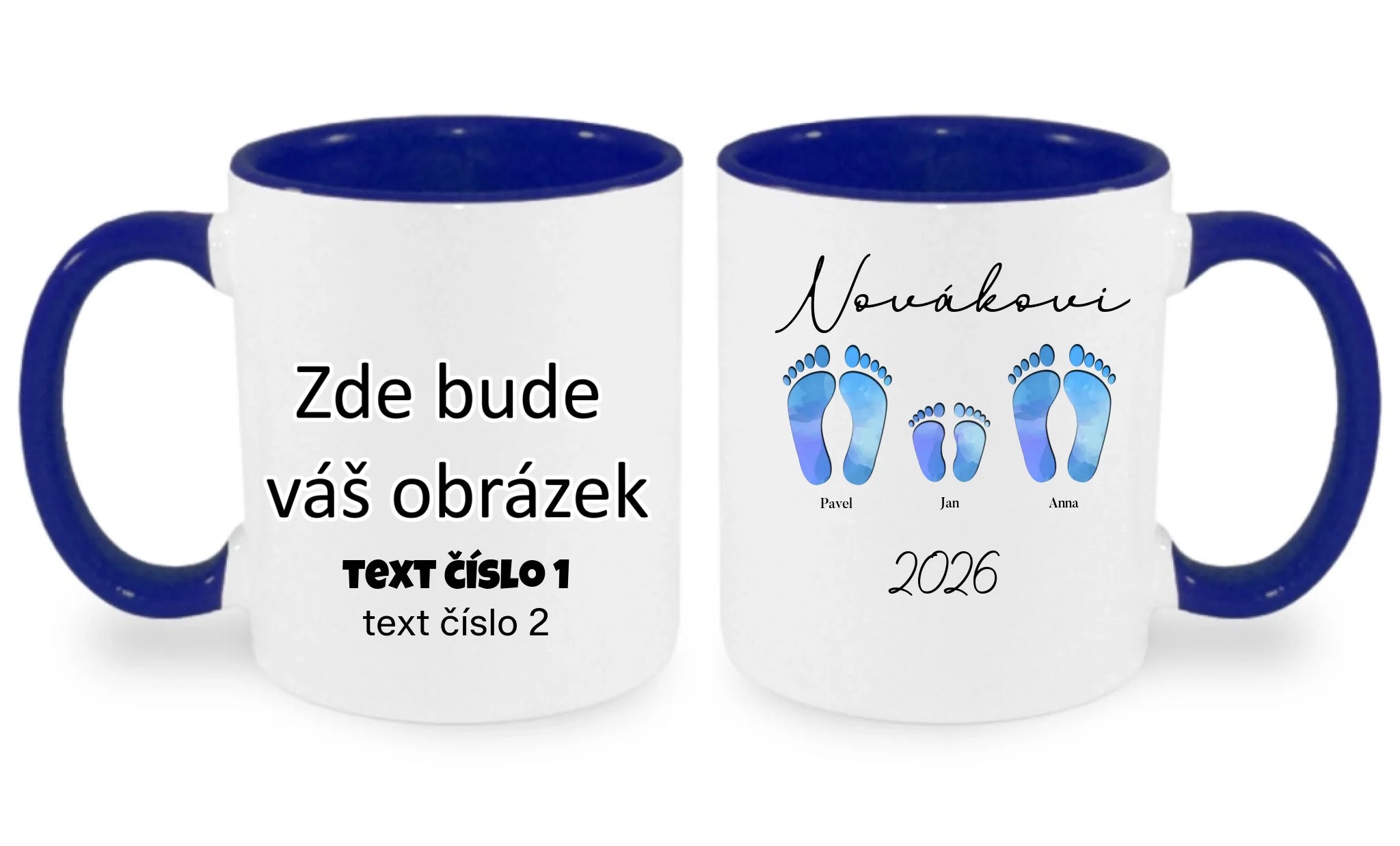 HRNÍČEK s motivem RODINA NAŠE STOPY (doplníte jména a další texty) oboustranný potisk hrníček Bílá modrá 330 ml