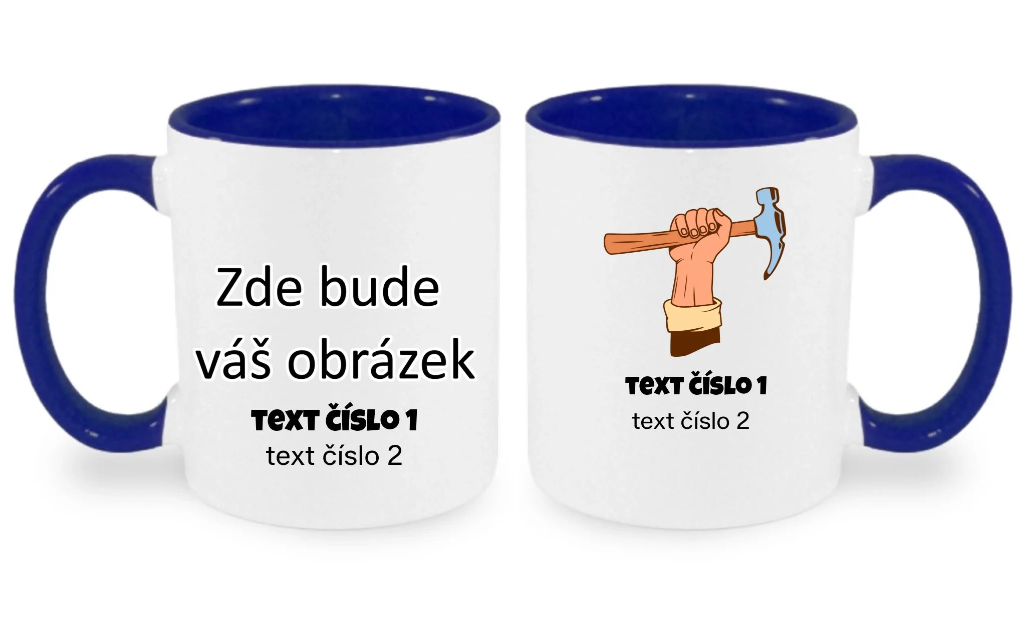 HRNÍČEK s motivem PRÁCE (výběr z 10+ potisků a možnost doplnit vlastní texty) oboustranný potisk hrníček Bílá modrá 330 ml