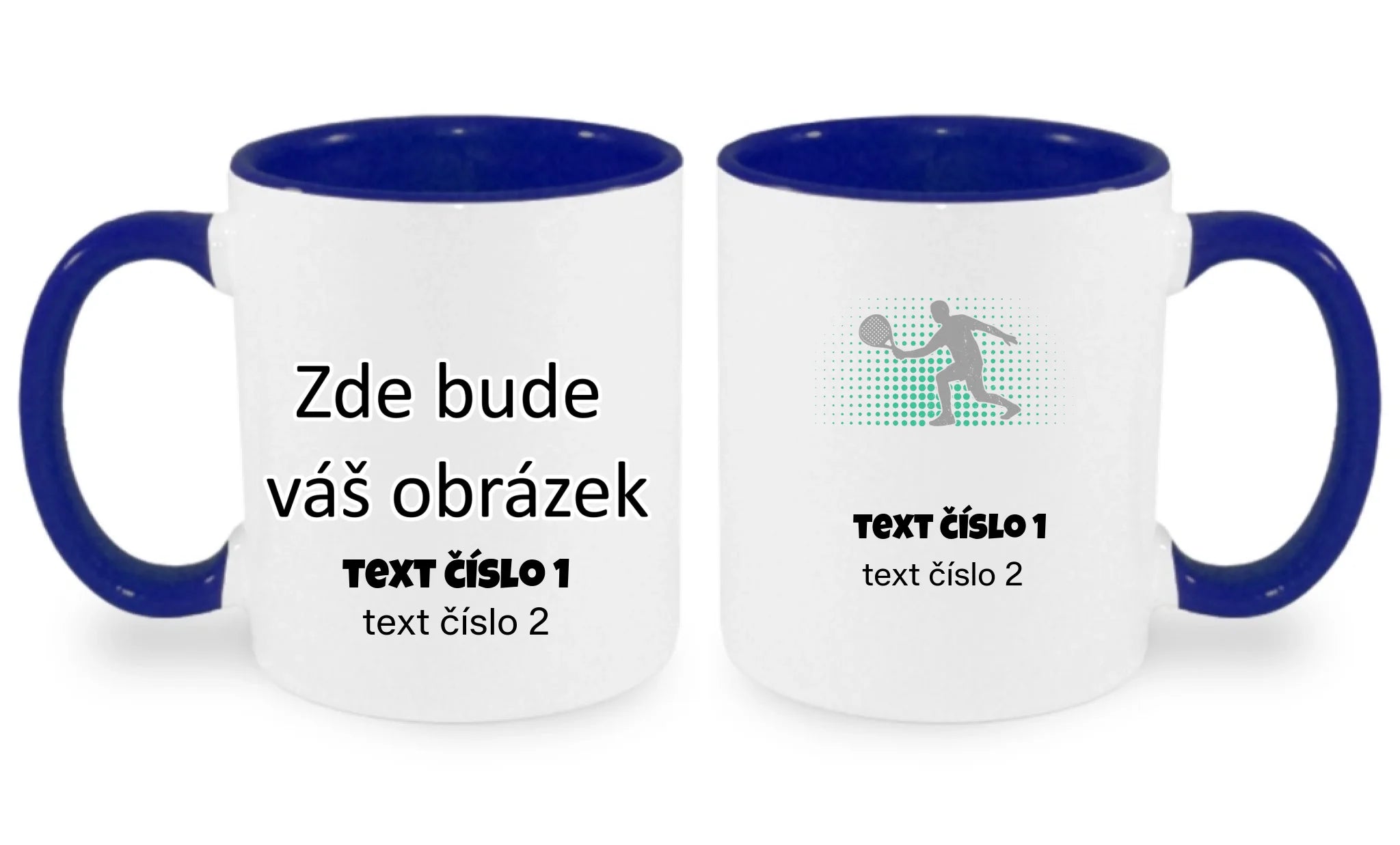 HRNÍČEK s motivem PADEL (výběr z 10+ obrázků, možnost doplnit vlastní texty) oboustranný potisk hrníček Bílá modrá 330 ml