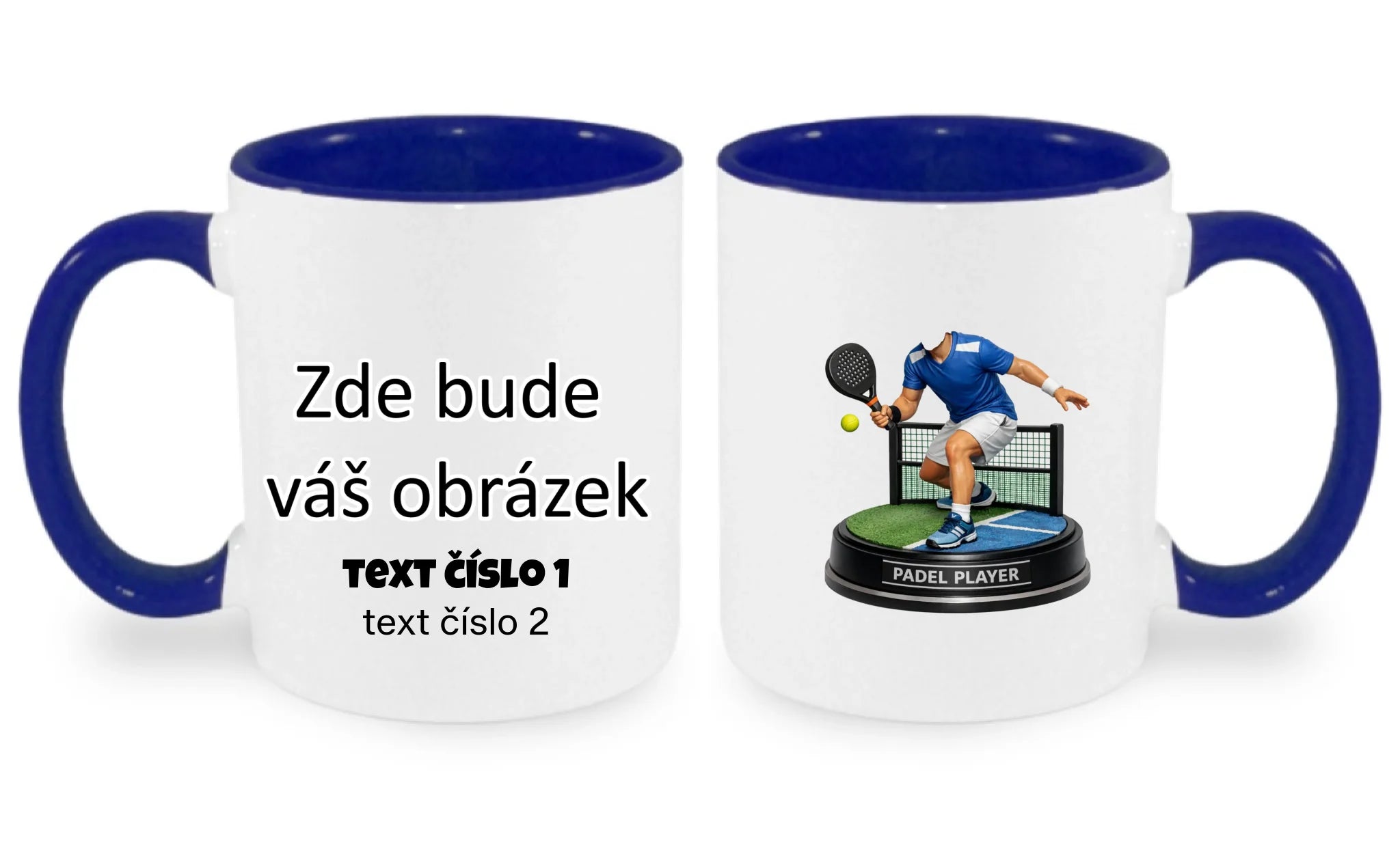 HRNÍČEK s motivem PADEL (s vlastní fotkou) oboustranný potisk hrníček Bílá modrá 330 ml