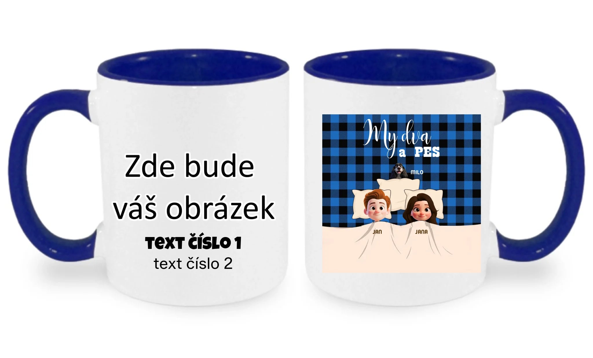 HRNÍČEK s potiskem MY DVA A PES (přizpůsobte si motiv na míru) oboustranný potisk hrníček Bílá modrá 330 ml