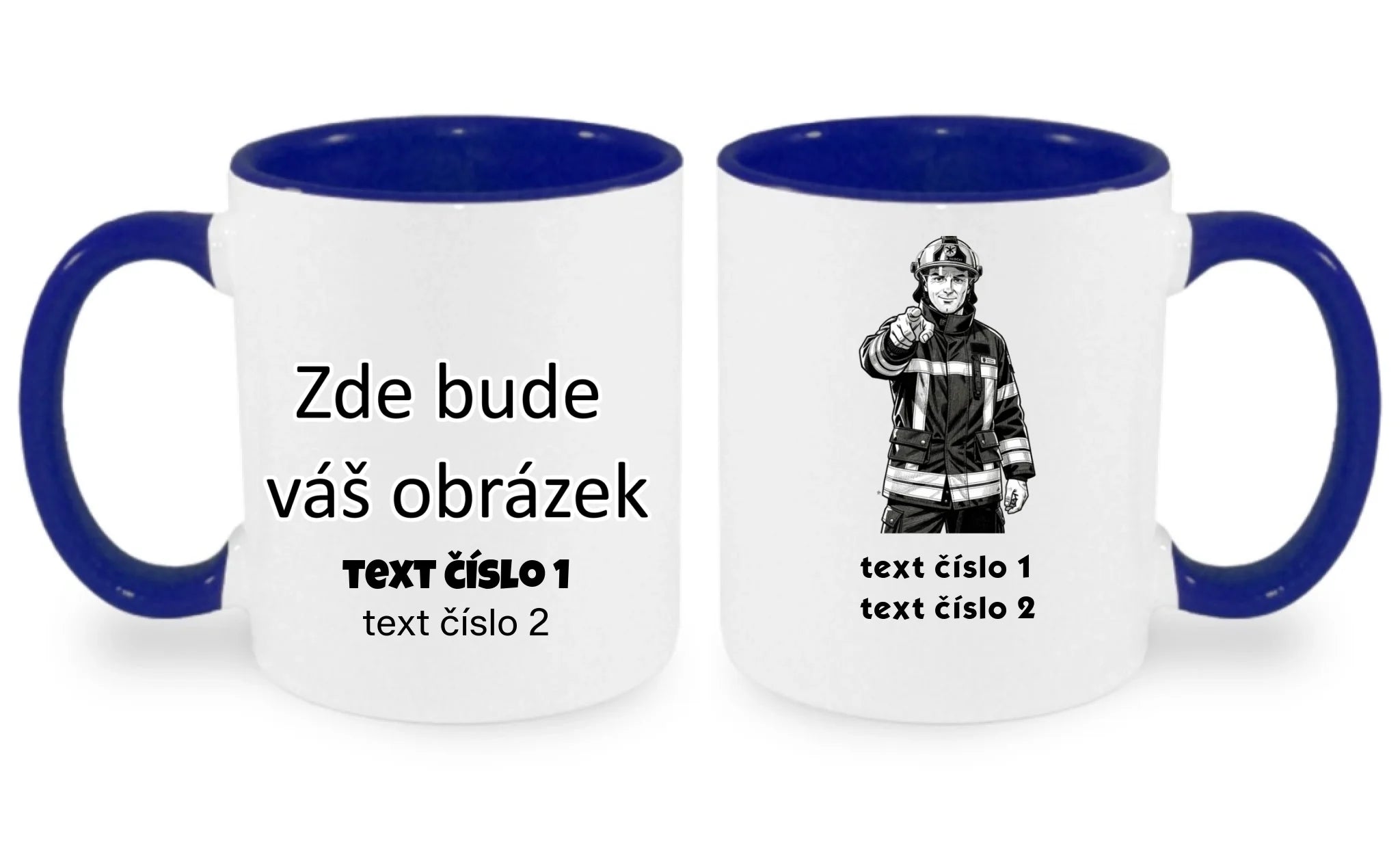 HRNÍČEK s motivem HASIČI (výběr z 10+ obrázků, možnost doplnit vlastní texty) oboustranný potisk hrníček Bílá modrá 330 ml