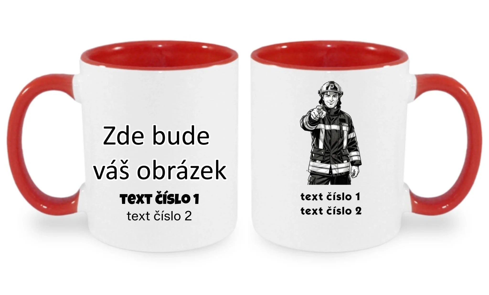 HRNÍČEK s motivem HASIČI (výběr z 10+ obrázků, možnost doplnit vlastní texty) oboustranný potisk hrníček Bílá červená 330 ml