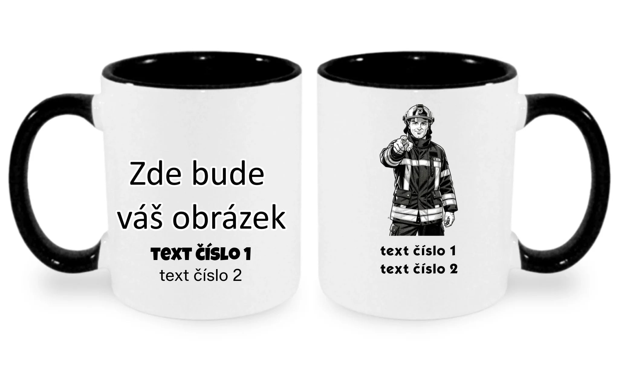 HRNÍČEK s motivem HASIČI (výběr z 10+ obrázků, možnost doplnit vlastní texty) oboustranný potisk hrníček Bílá černá 330 ml