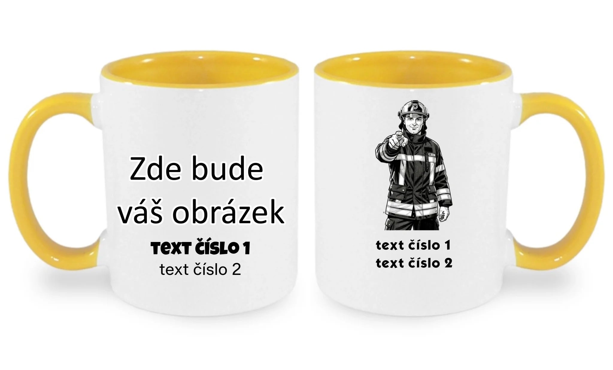 HRNÍČEK s motivem HASIČI (výběr z 10+ obrázků, možnost doplnit vlastní texty) oboustranný potisk hrníček Bílá žlutá 330 ml
