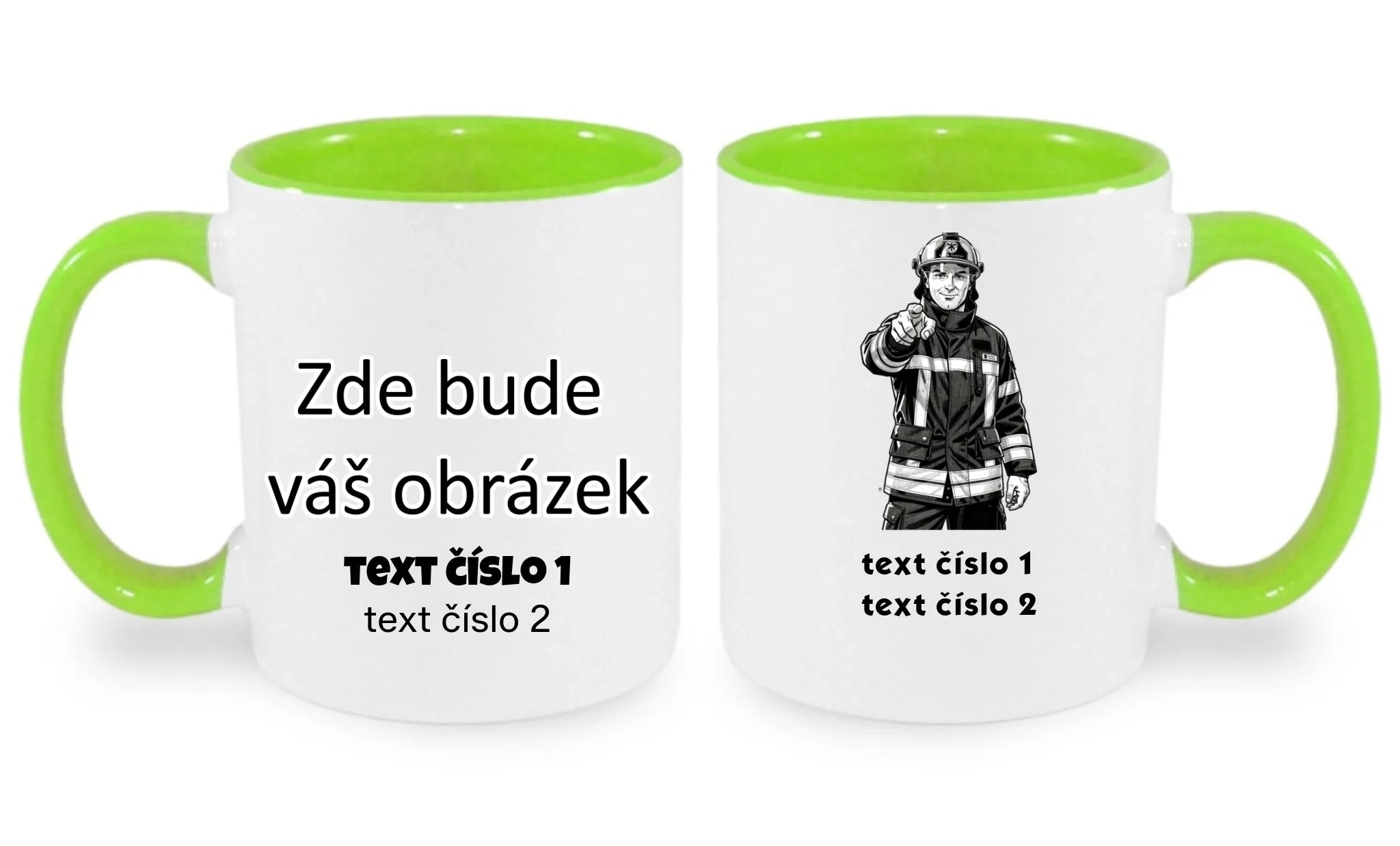 HRNÍČEK s motivem HASIČI (výběr z 10+ obrázků, možnost doplnit vlastní texty) oboustranný potisk hrníček Bílá zelená 330 ml
