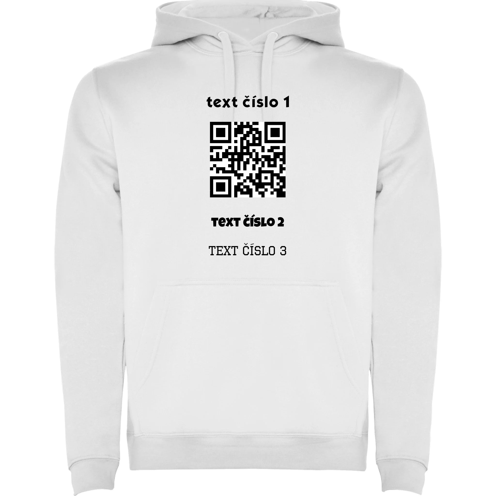 PÁNSKÁ MIKINA S KAPUCÍ s motivem QR KÓD (vložíte url adresu, můžete vložit vlastní texty) potisk jen dopředu pánská mikina urban Bílá