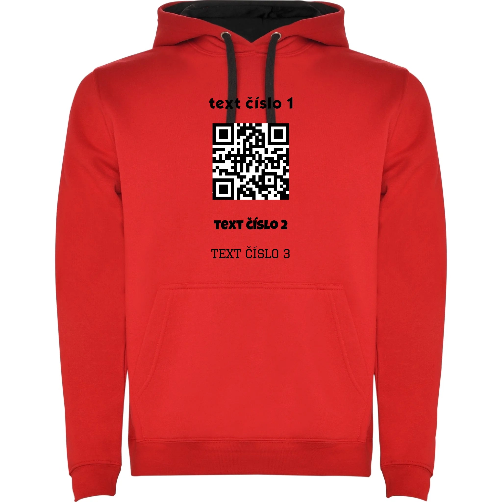 PÁNSKÁ MIKINA S KAPUCÍ s motivem QR KÓD (vložíte url adresu, můžete vložit vlastní texty) potisk jen dopředu pánská mikina urban Červená černá