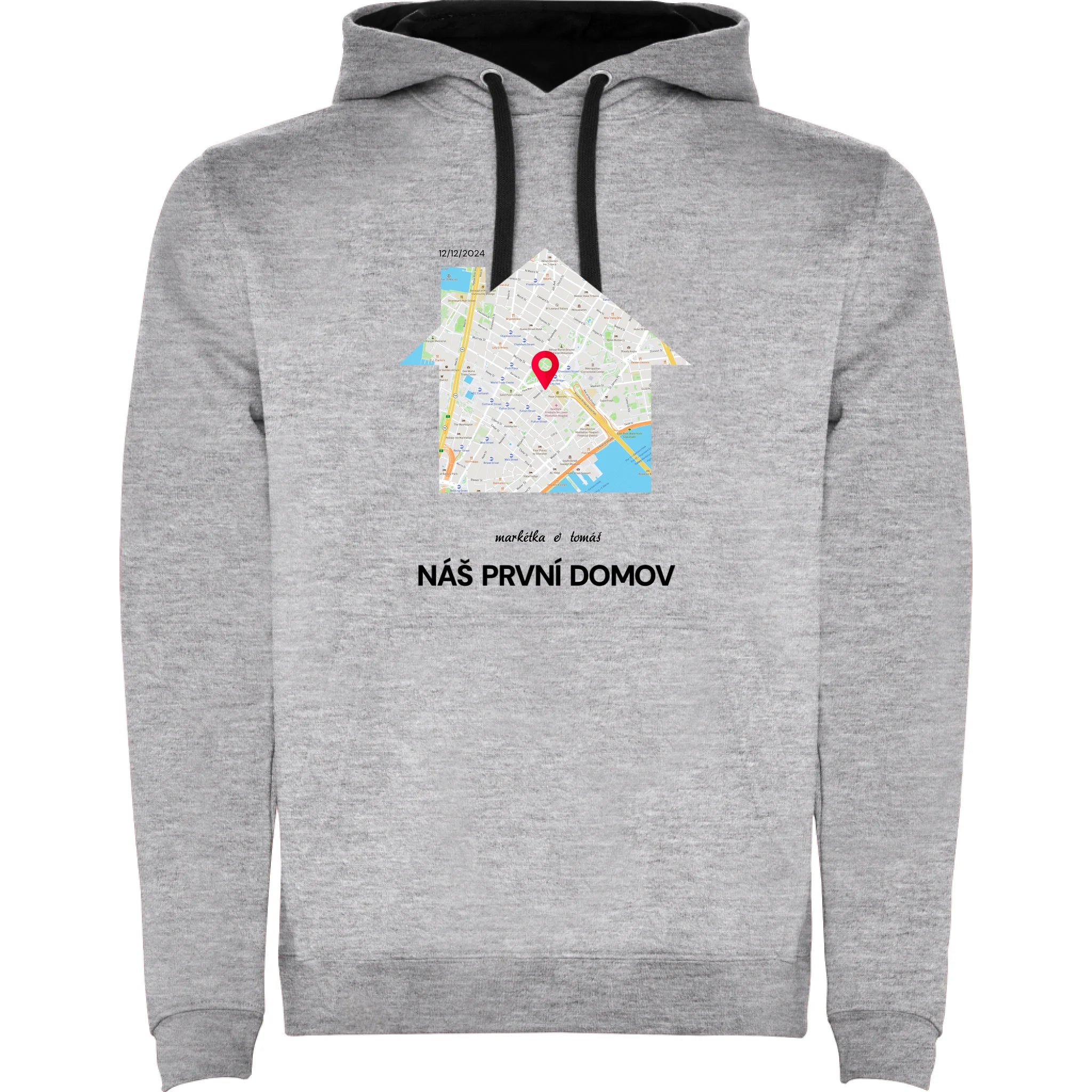 MIKINA S KAPUCÍ MAPA vyberte místo, generujte mapu, doplňte vlastní texty potisk jen dopředu pánská mikina urban Melír černá