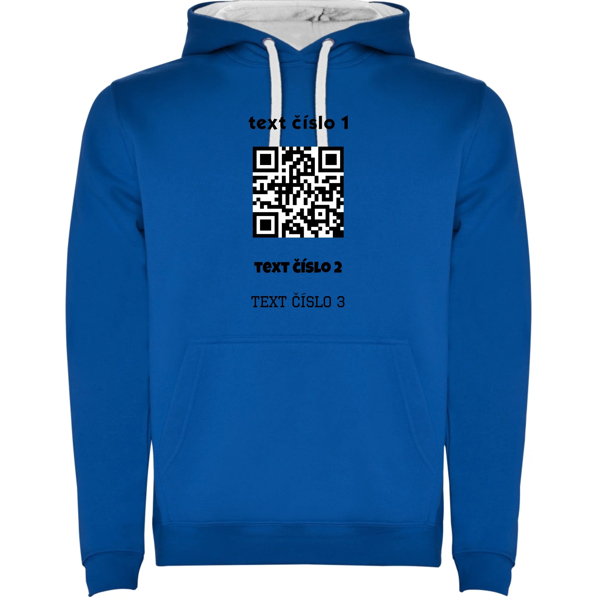 PÁNSKÁ MIKINA S KAPUCÍ s motivem QR KÓD (vložíte url adresu, můžete vložit vlastní texty) potisk jen dopředu pánská mikina urban Modrá bílá