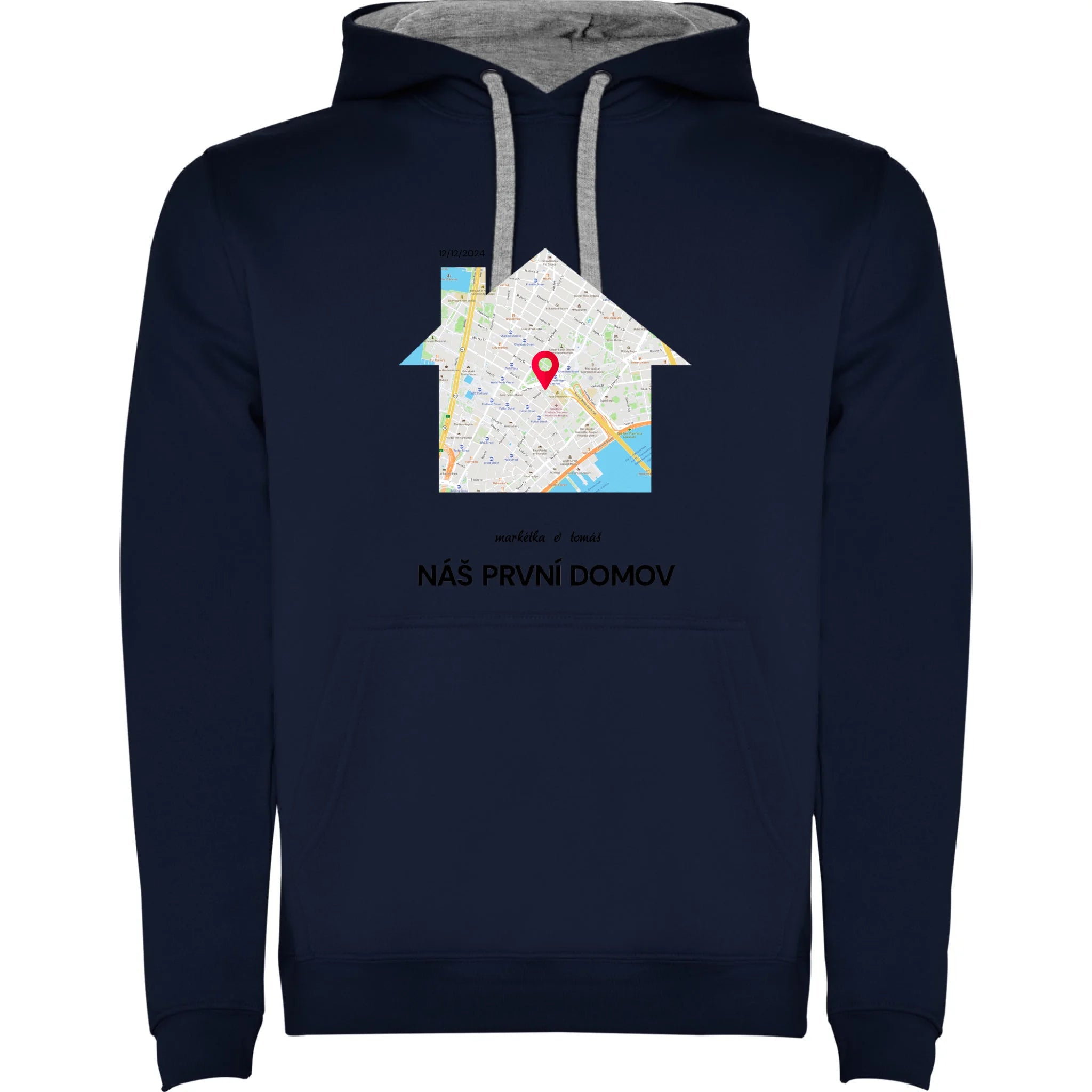 MIKINA S KAPUCÍ MAPA vyberte místo, generujte mapu, doplňte vlastní texty potisk jen dopředu pánská mikina urban Námořnická modrá melír