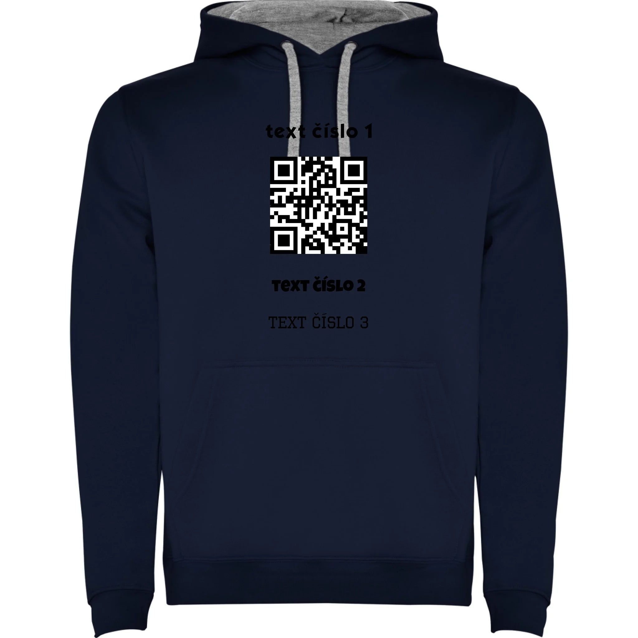 PÁNSKÁ MIKINA S KAPUCÍ s motivem QR KÓD (vložíte url adresu, můžete vložit vlastní texty) potisk jen dopředu pánská mikina urban Námořnická modrá melír