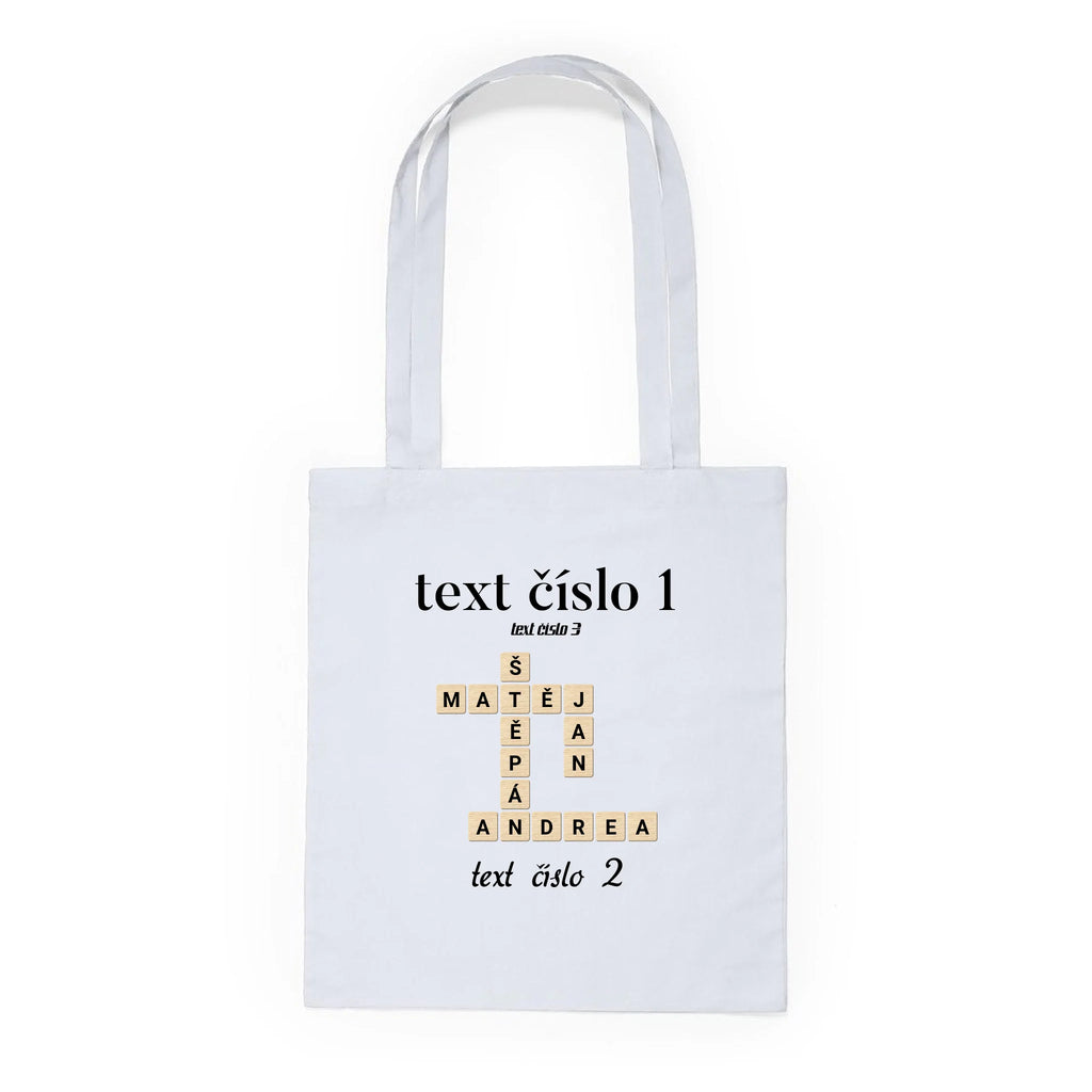 BATOH nebo TAŠKA s motivem SCRABLE (vložíte jména, doplníte texty) Plátěná taška KNOLL bílá 36x40