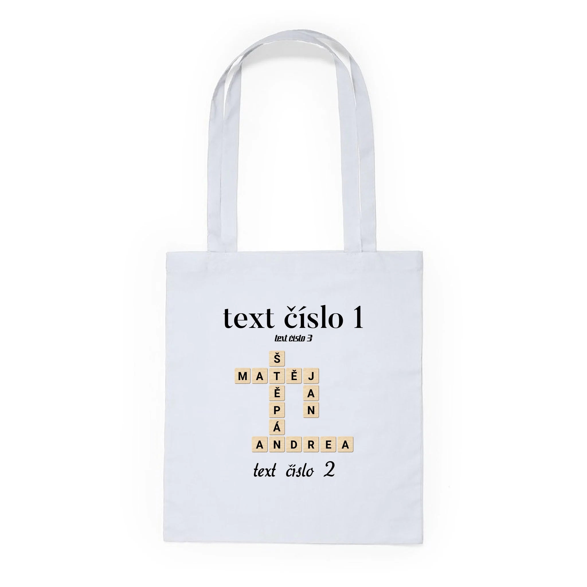 BATOH nebo TAŠKA s motivem SCRABLE (vložíte jména, doplníte texty) Plátěná taška KNOLL bílá 36x40
