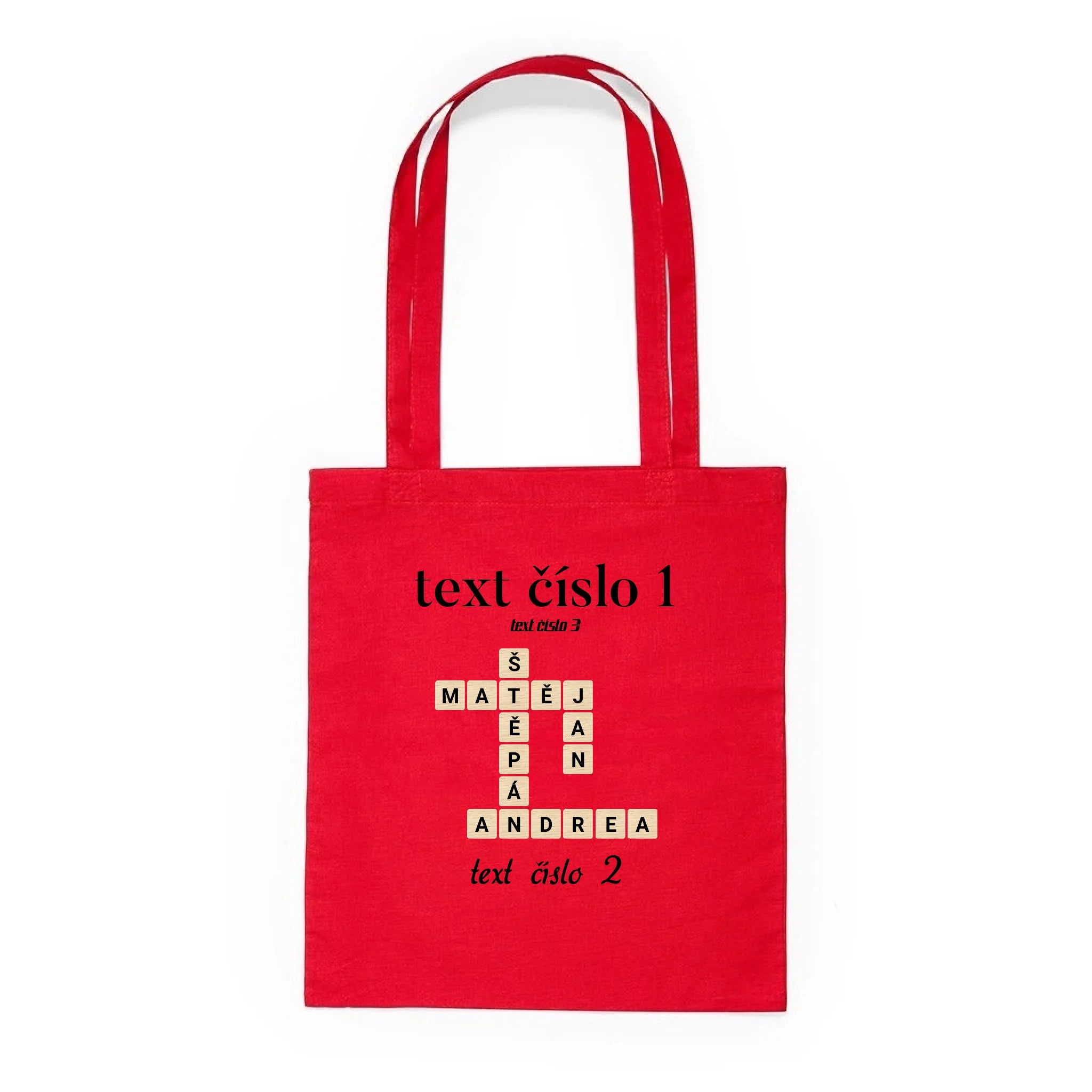 BATOH nebo TAŠKA s motivem SCRABLE (vložíte jména, doplníte texty) Plátěná taška KNOLL červená 36x40