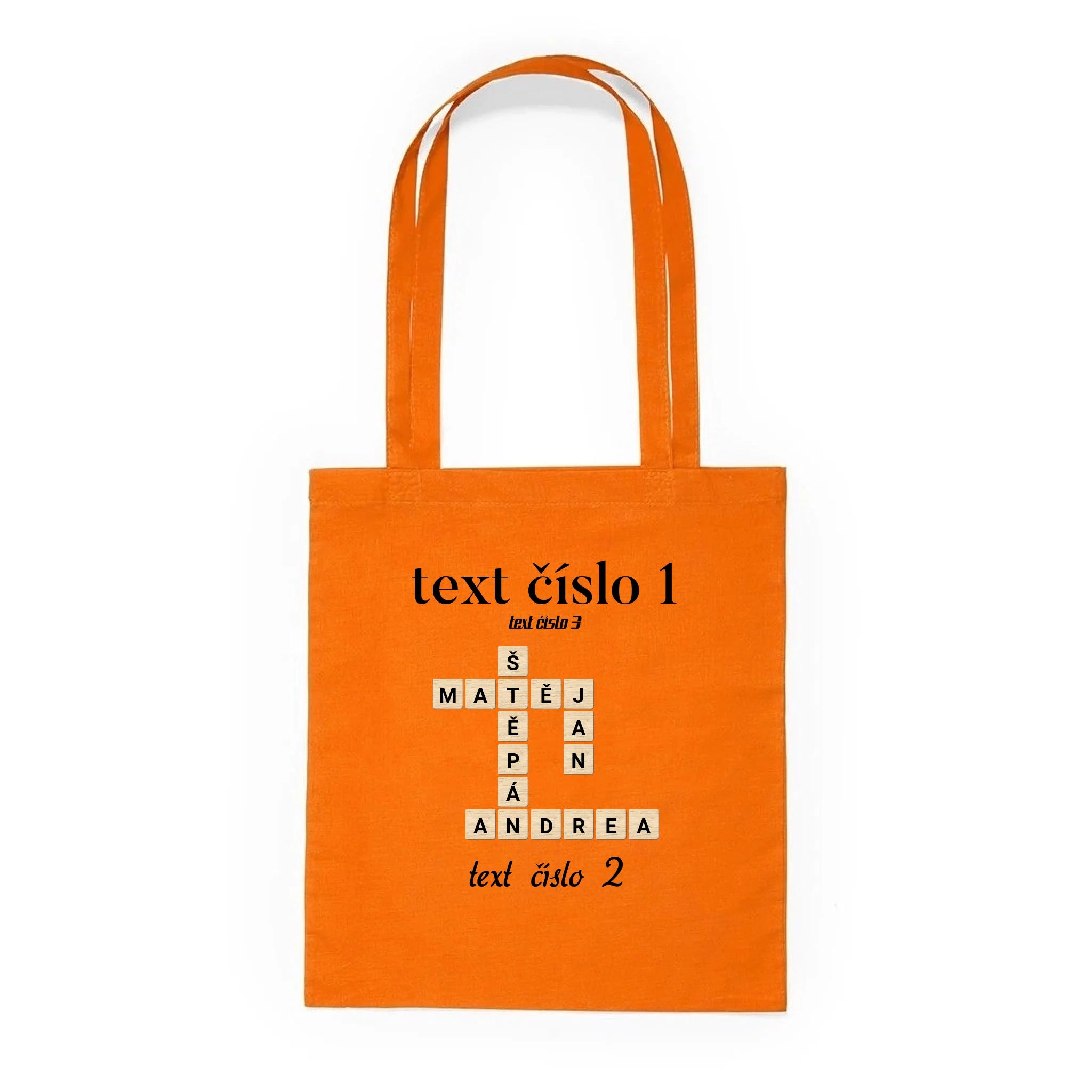 BATOH nebo TAŠKA s motivem SCRABLE (vložíte jména, doplníte texty) Plátěná taška KNOLL oranžová 36x40