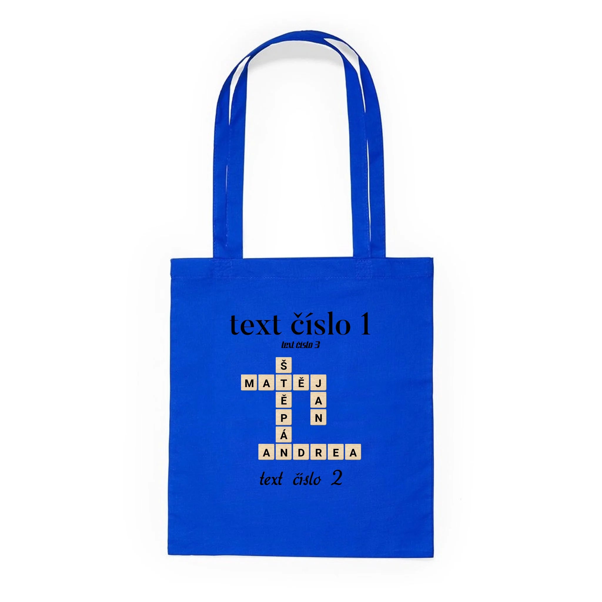 BATOH nebo TAŠKA s motivem SCRABLE (vložíte jména, doplníte texty) Plátěná taška KNOLL modrá 36x40