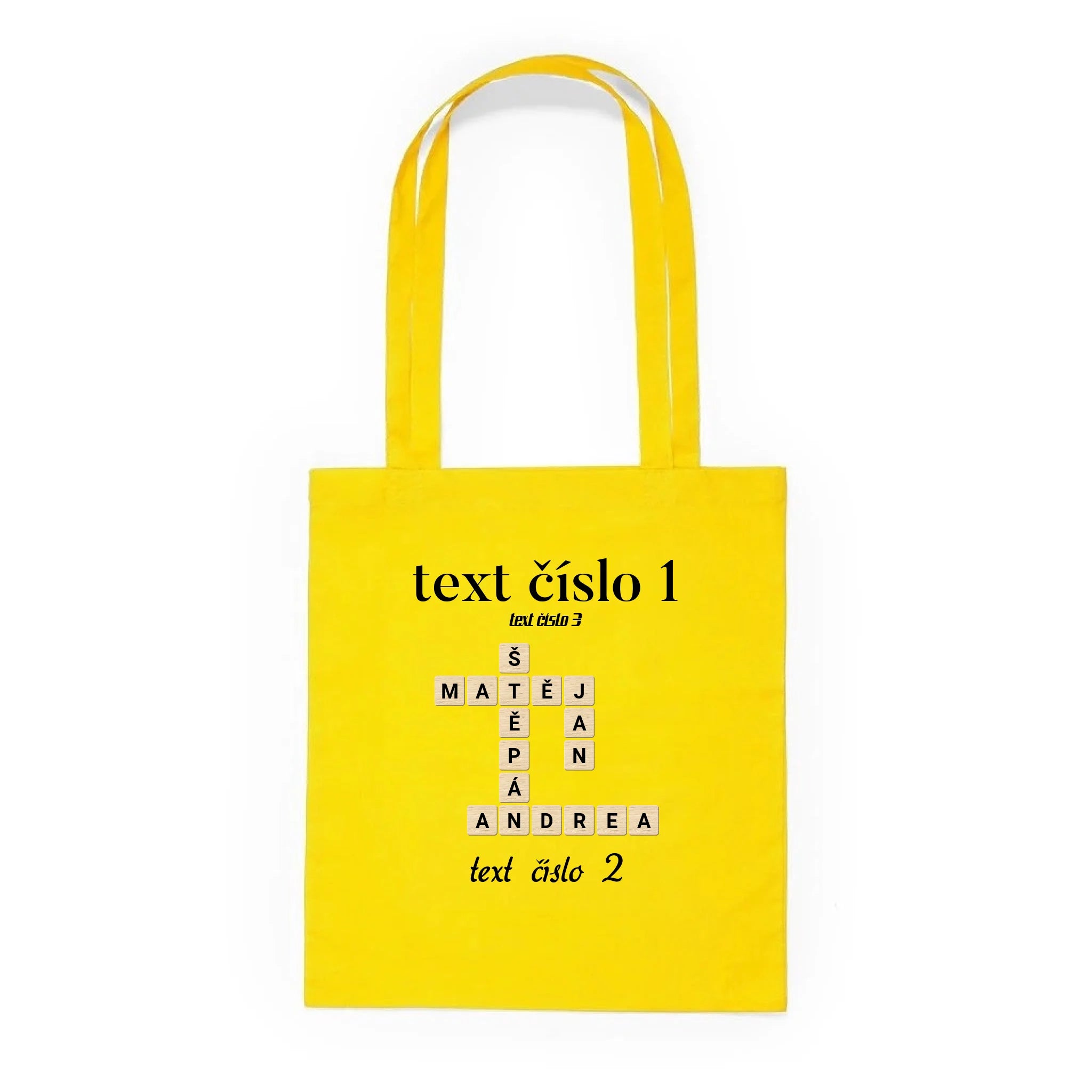 BATOH nebo TAŠKA s motivem SCRABLE (vložíte jména, doplníte texty) Plátěná taška KNOLL žlutá 36x40