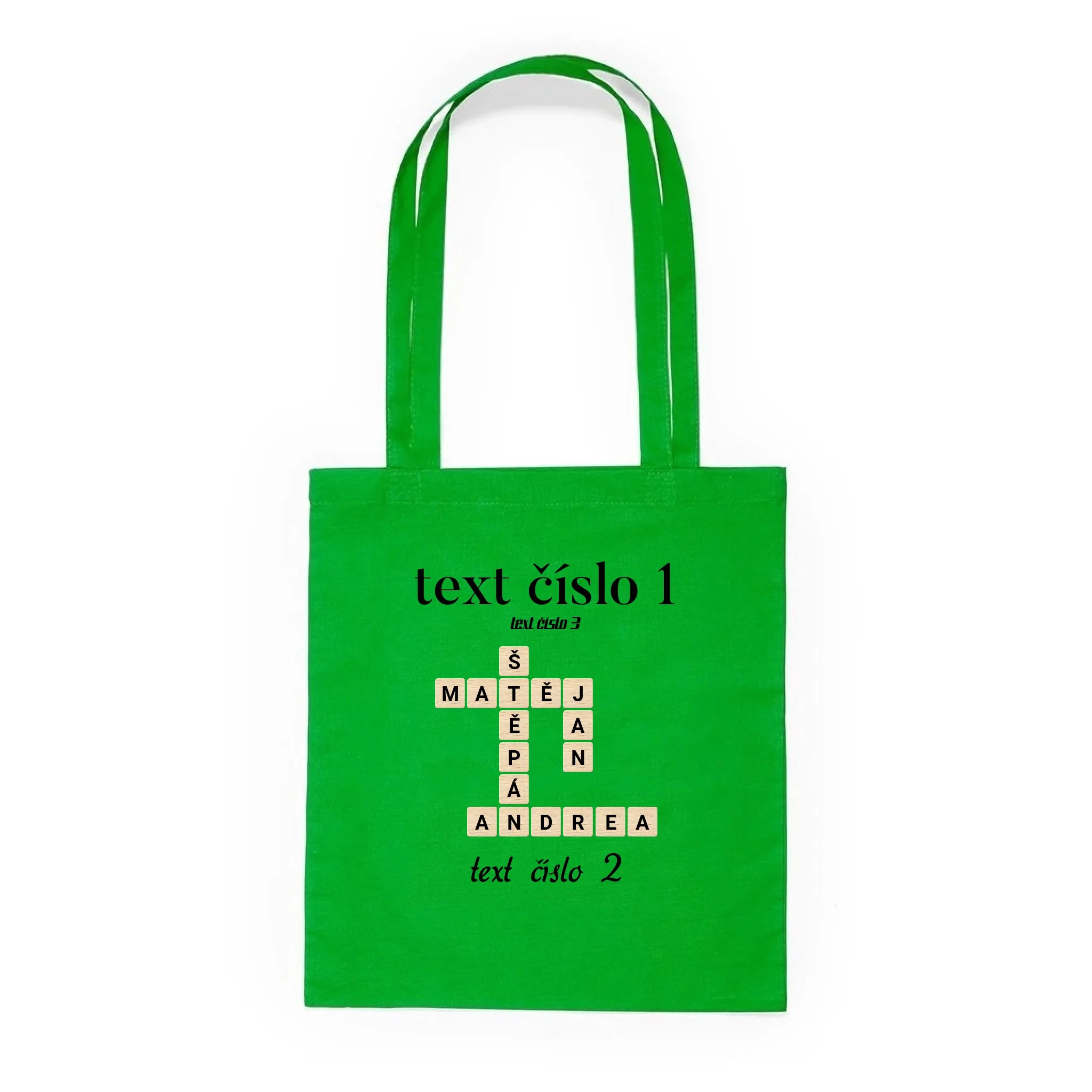 BATOH nebo TAŠKA s motivem SCRABLE (vložíte jména, doplníte texty) Plátěná taška KNOLL zelená 36x40