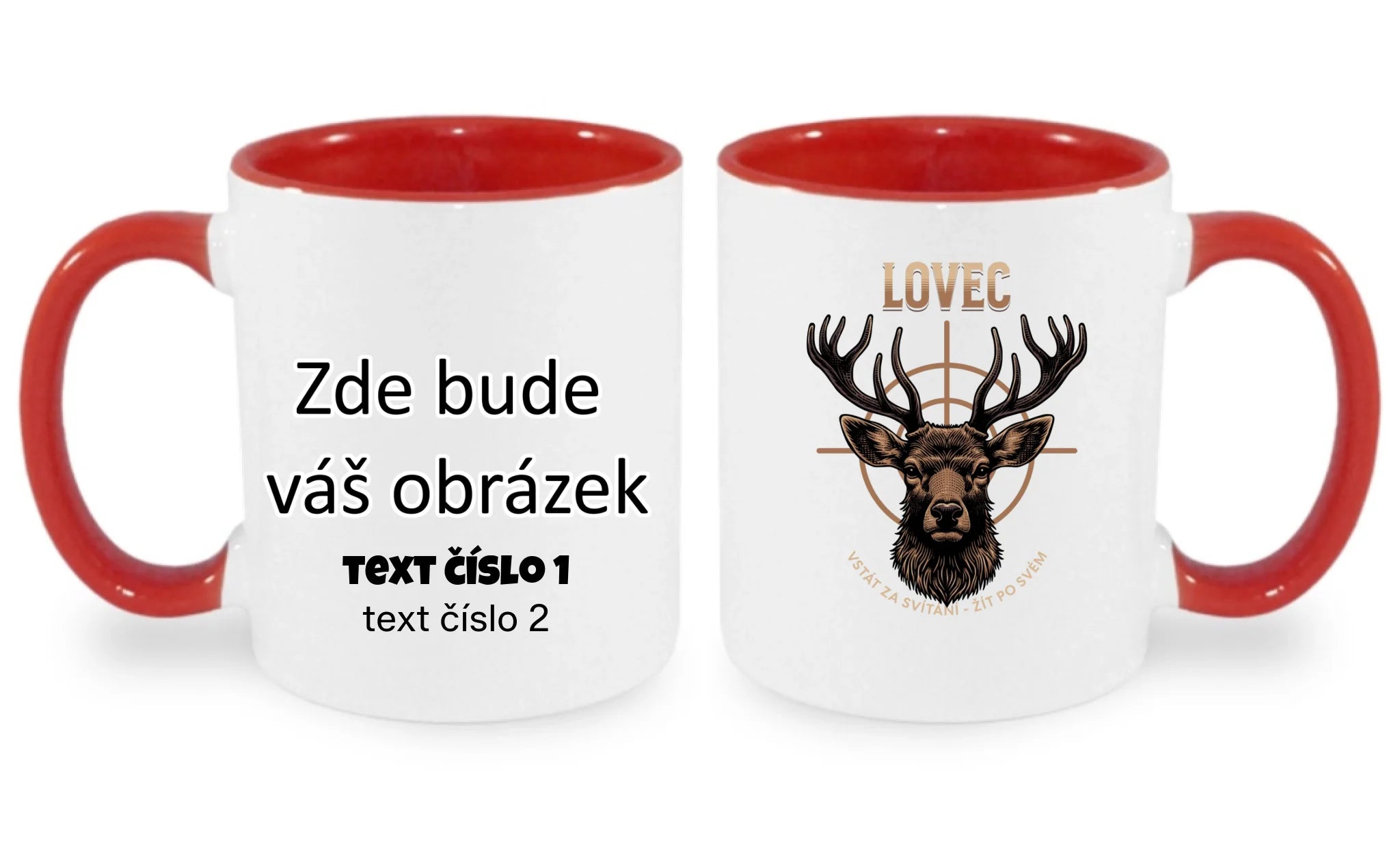 HRNÍČEK s motivem MYSLIVOST LOVEC (výběr z 5+ motivů) oboustranný potisk hrníček Bílá červená 330 ml