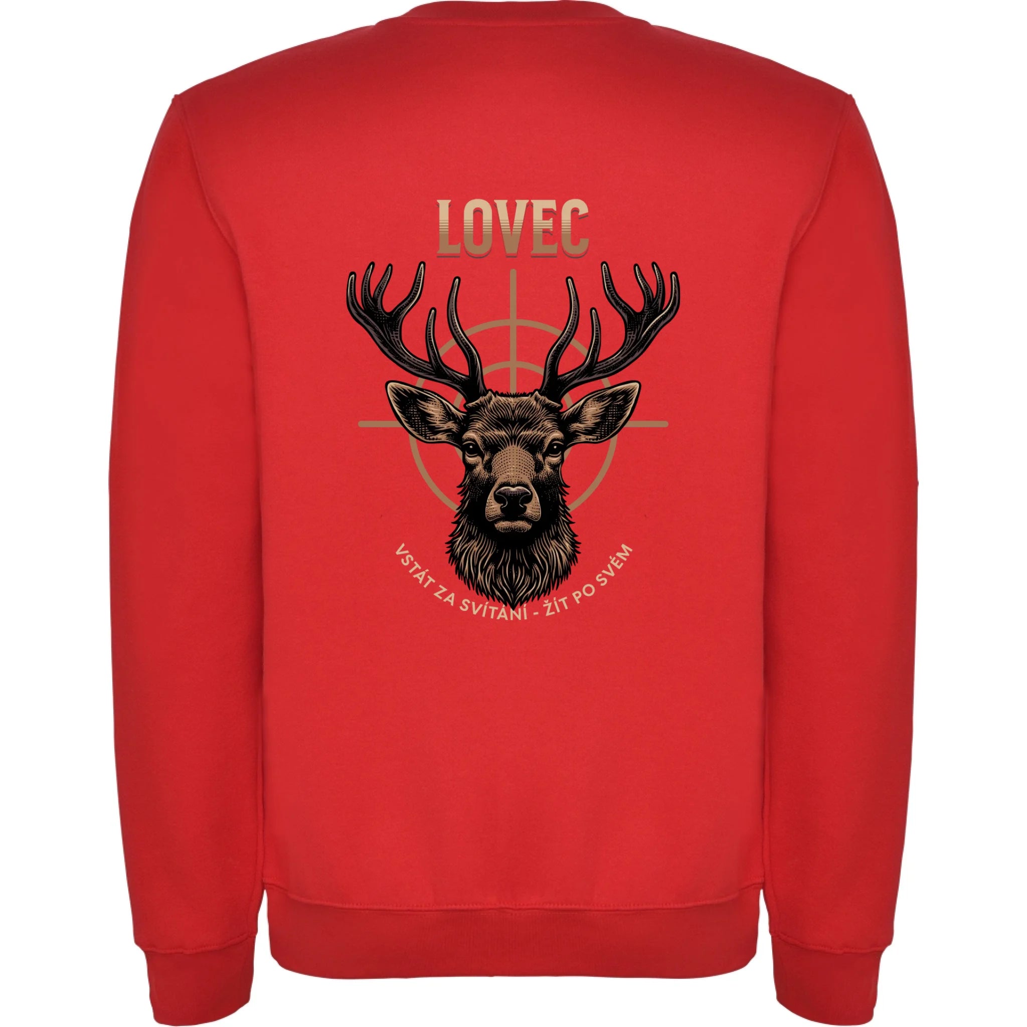 MIKINA BEZ KAPUCE UNISEX s motivem MYSLIVOST LOVEC (výběr z 5+ motivů) potisk jen na záda unisex mikina clasica Červená