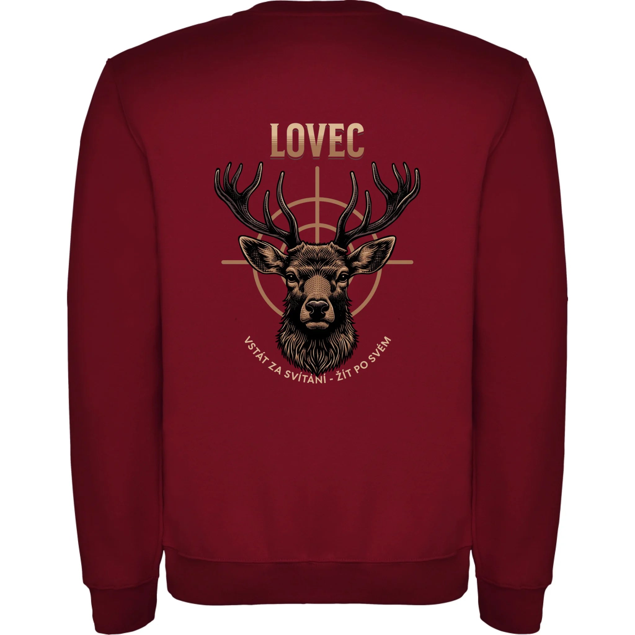 MIKINA BEZ KAPUCE UNISEX s motivem MYSLIVOST LOVEC (výběr z 5+ motivů) potisk jen na záda unisex mikina clasica Granátová
