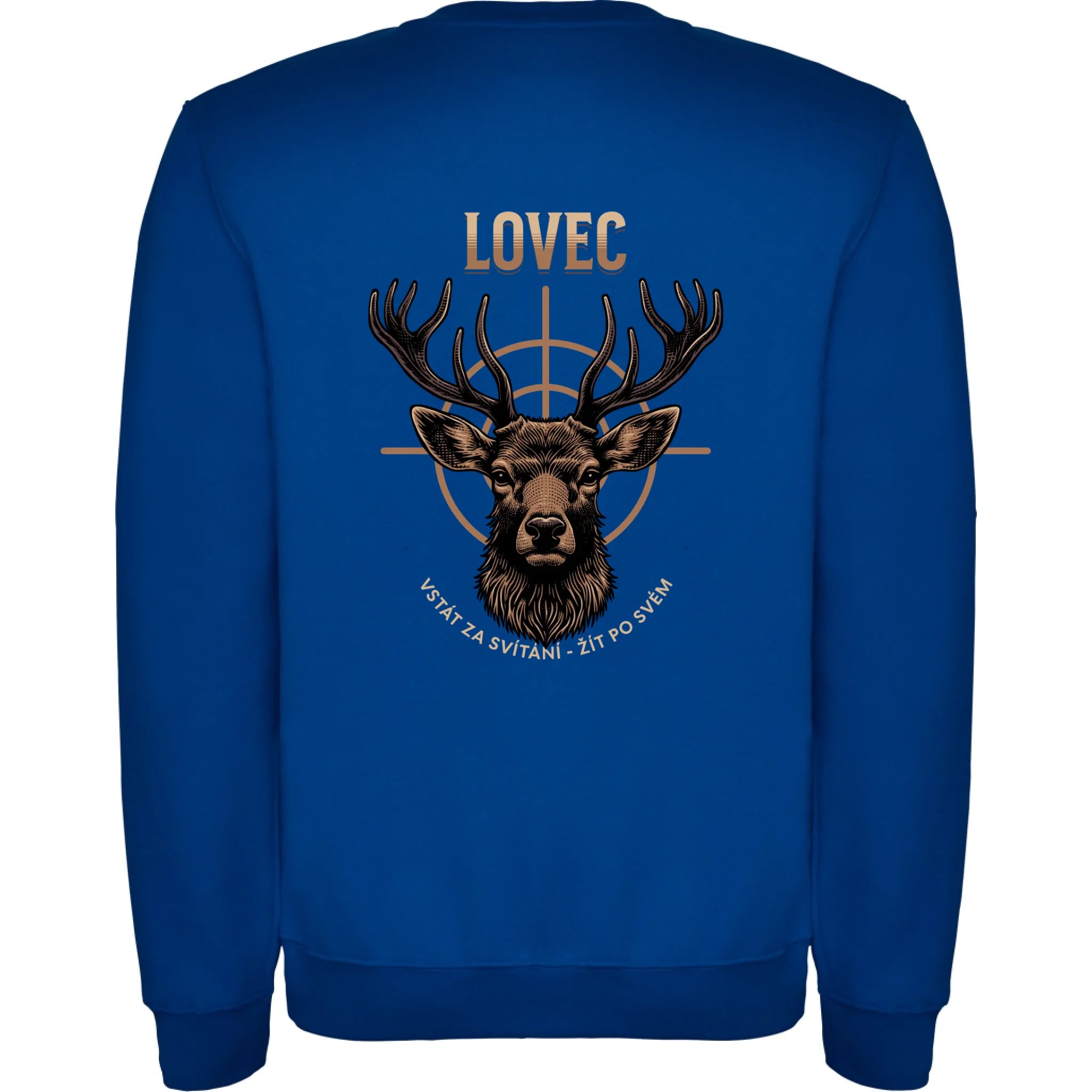 MIKINA BEZ KAPUCE UNISEX s motivem MYSLIVOST LOVEC (výběr z 5+ motivů) potisk jen na záda unisex mikina clasica Modrá